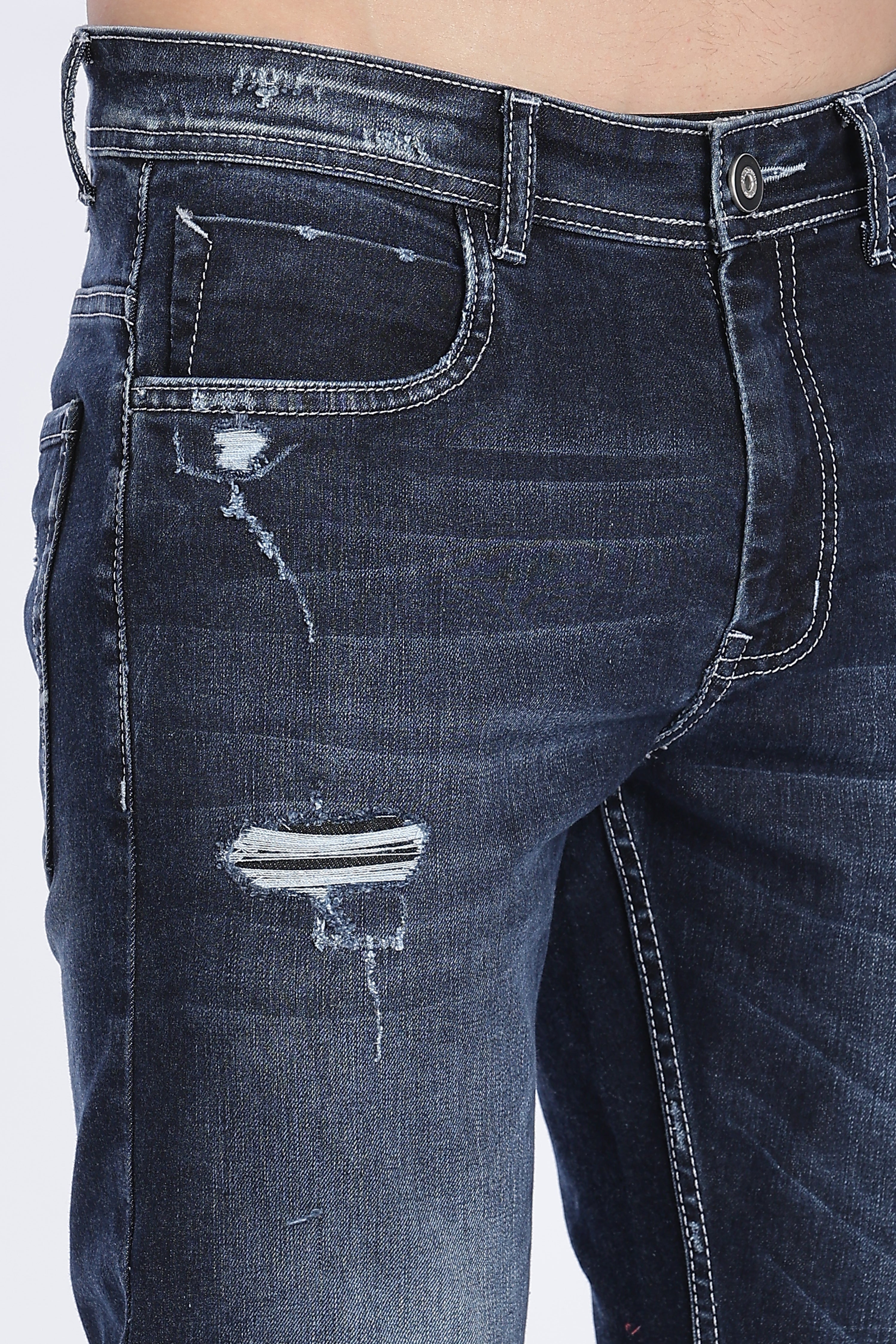 Color Hunt Men's Dark Blue Ripped Regular Fit Denim Jeans