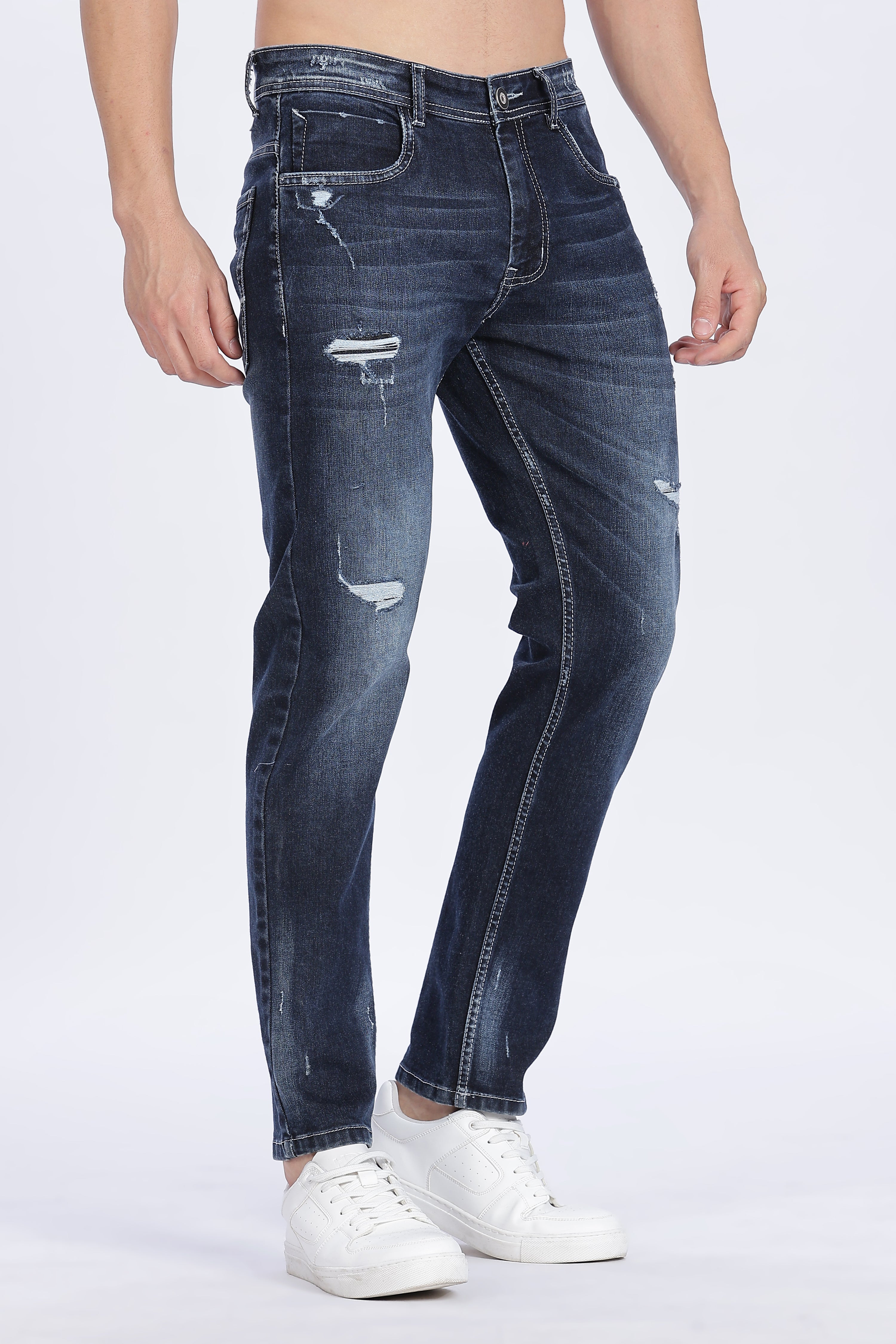 Color Hunt Men's Dark Blue Ripped Regular Fit Denim Jeans