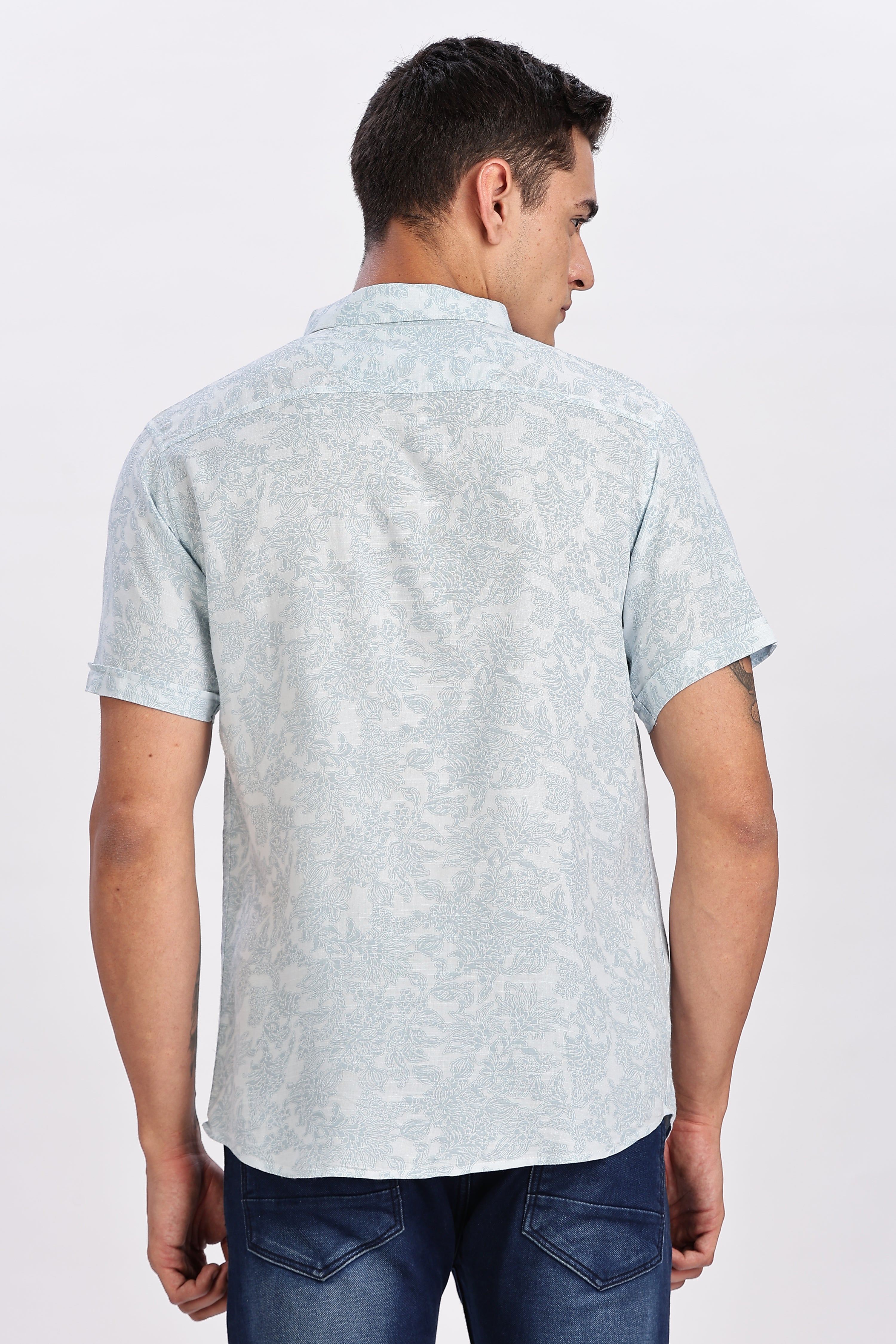 Color Hunt Men's Light Blue Half Sleeve Printed Rayon Shirt
