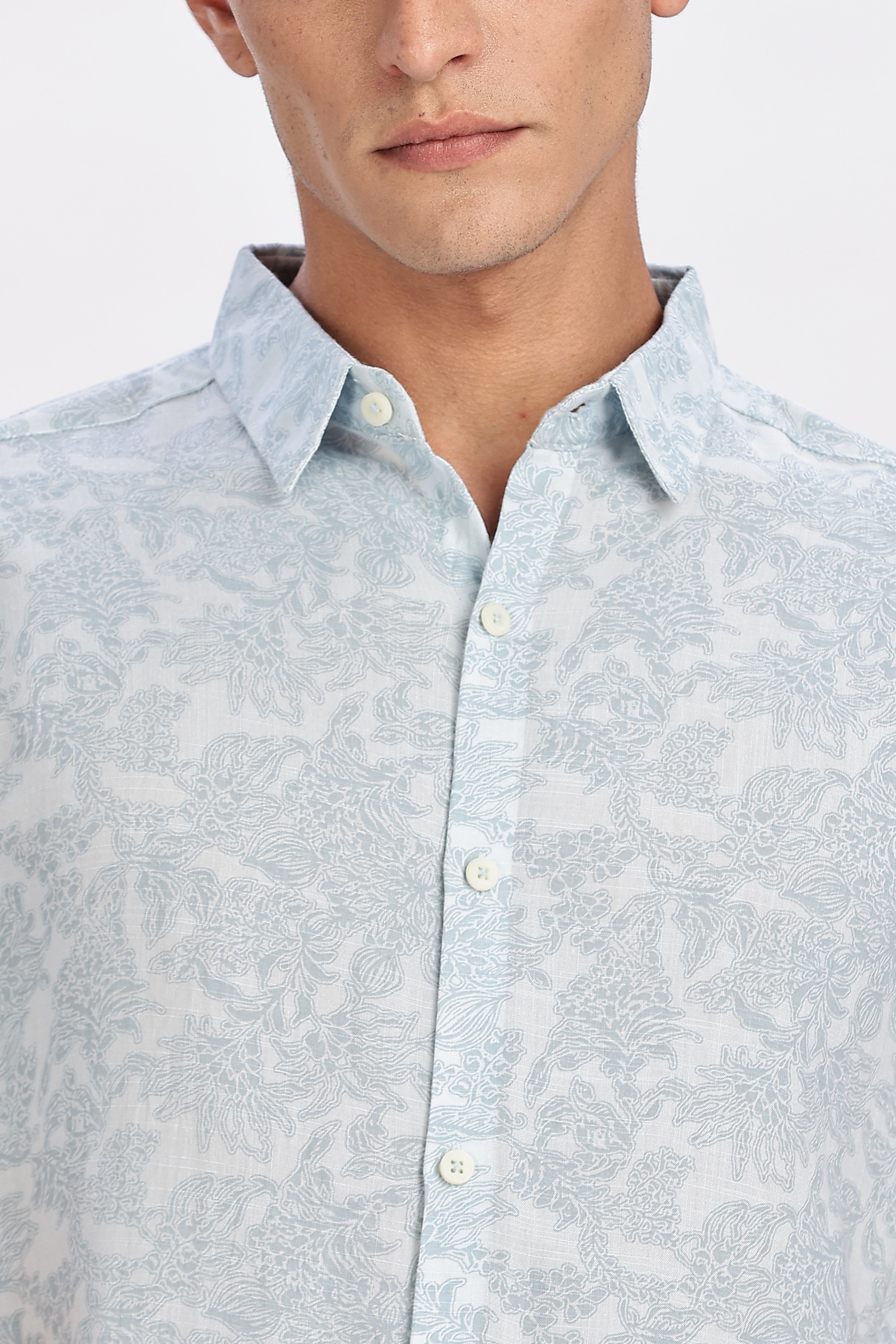 Color Hunt Men's Light Blue Half Sleeve Printed Rayon Shirt
