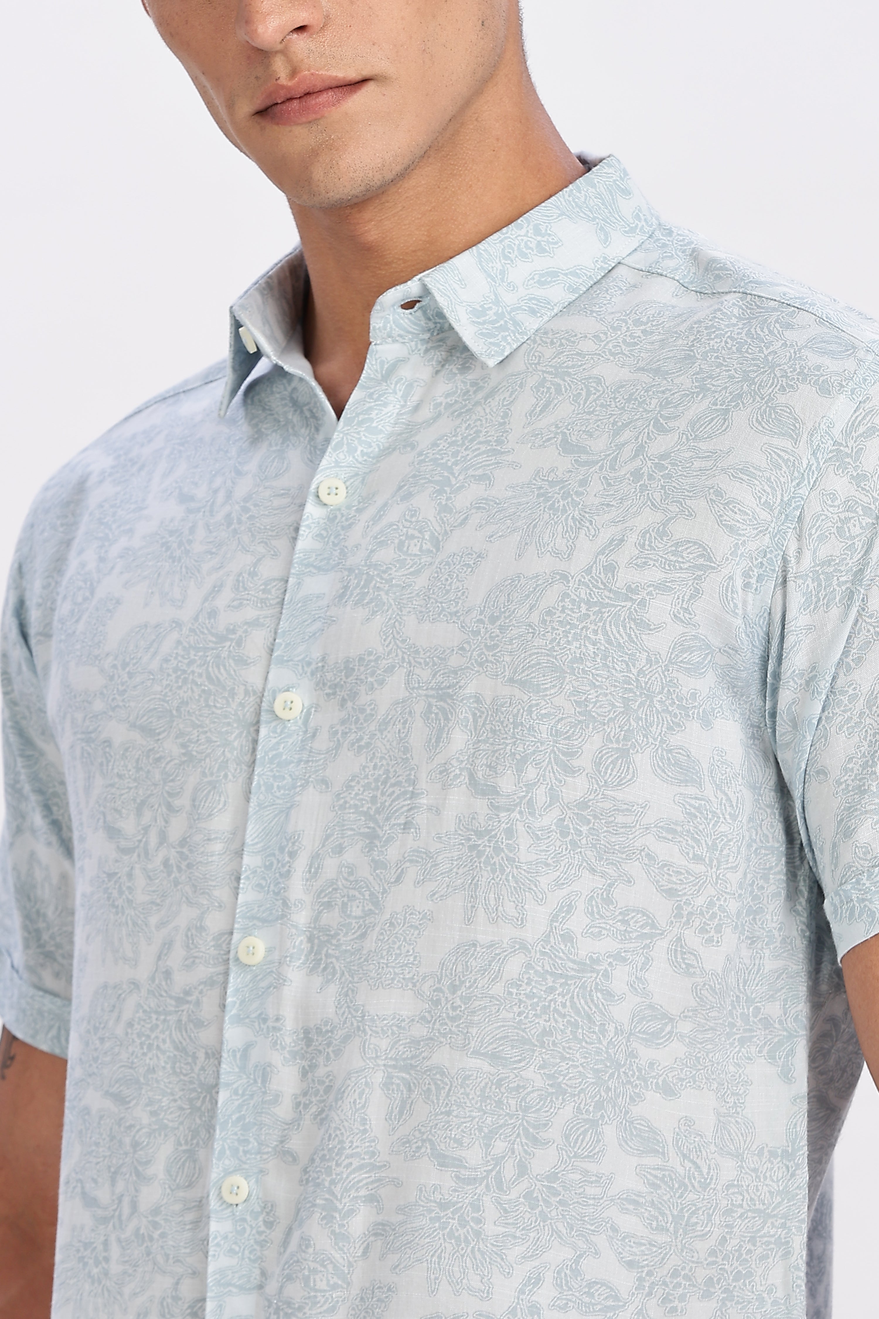 Color Hunt Men's Light Blue Half Sleeve Printed Rayon Shirt