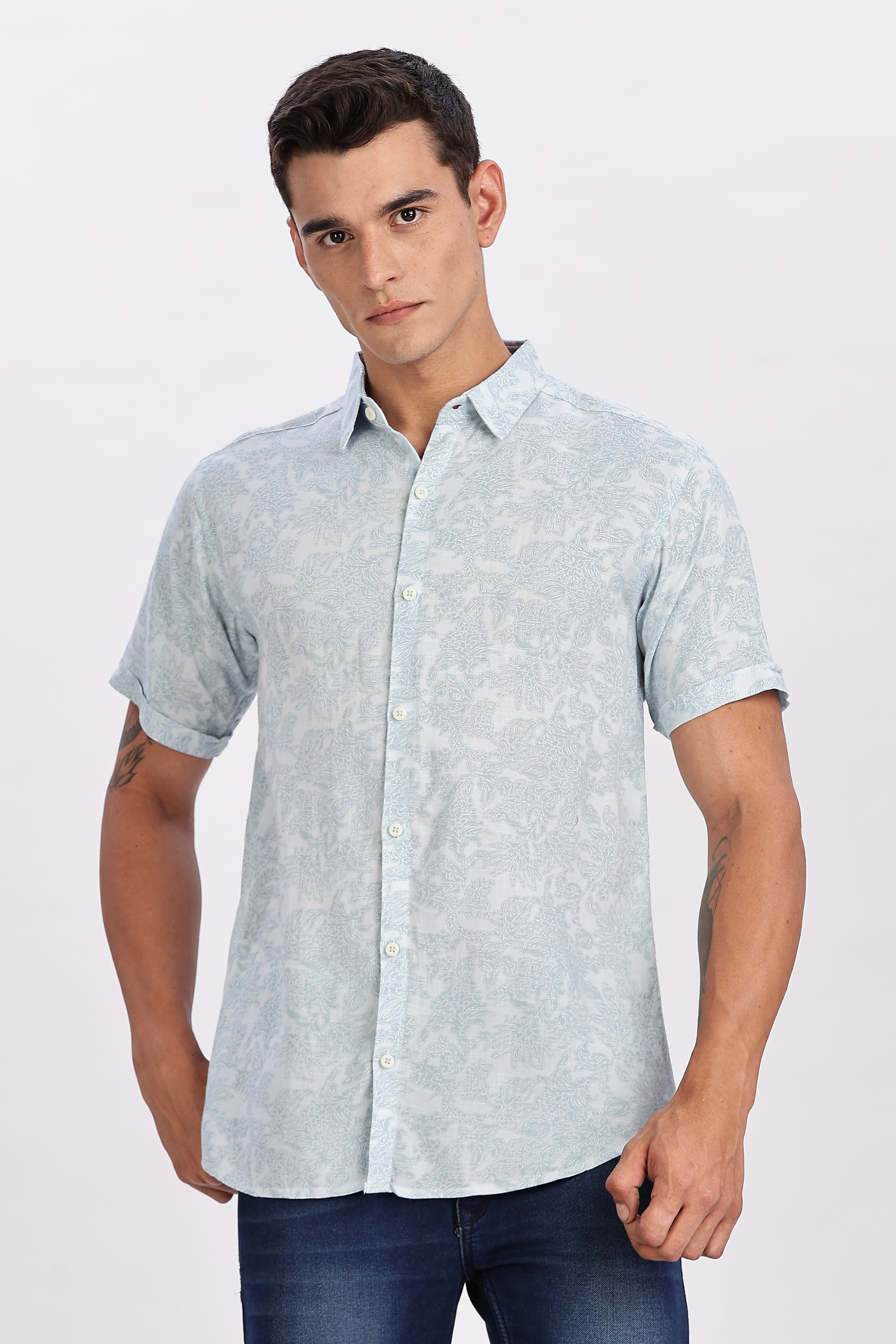 Color Hunt Men's Light Blue Half Sleeve Printed Rayon Shirt