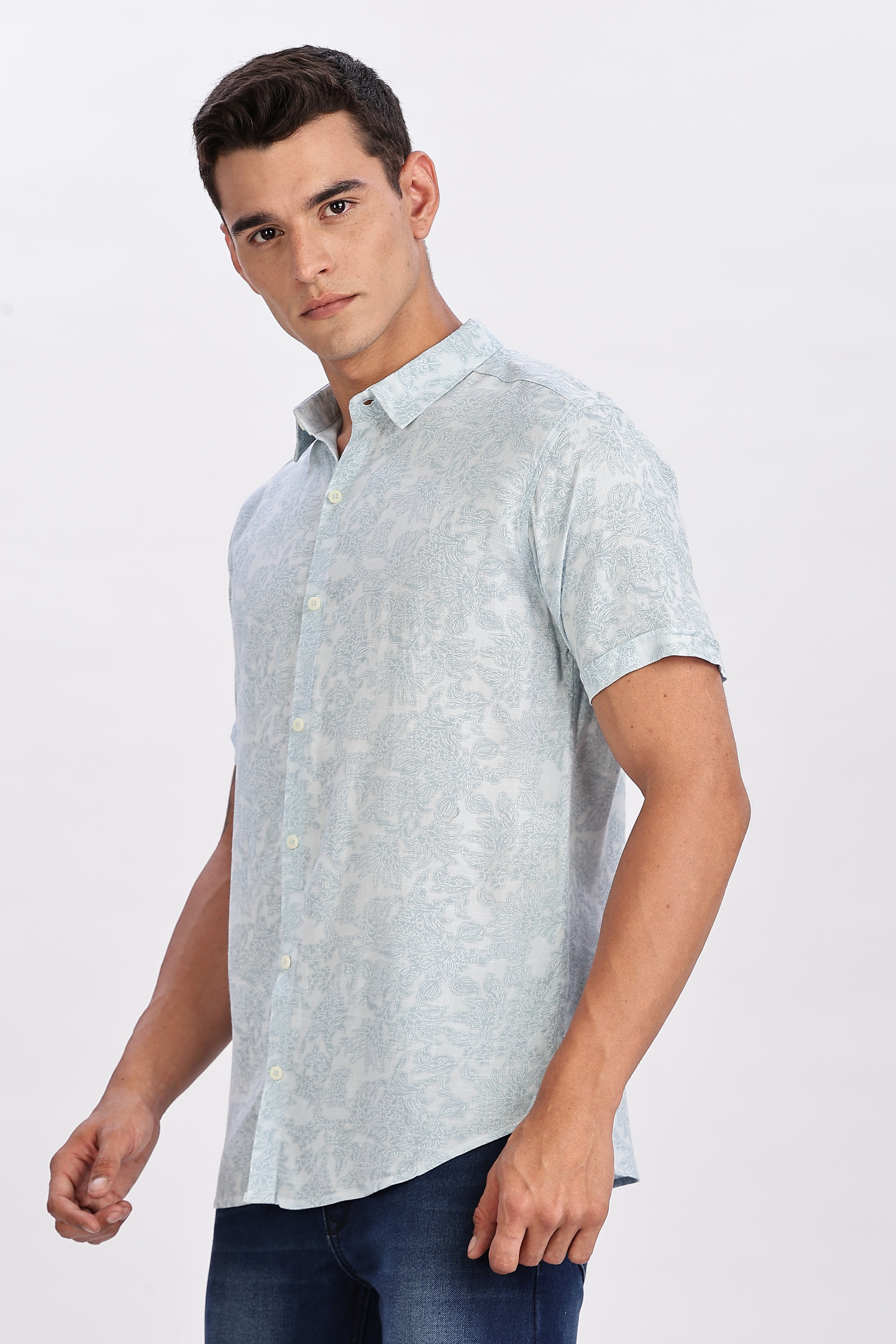 Color Hunt Men's Light Blue Half Sleeve Printed Rayon Shirt