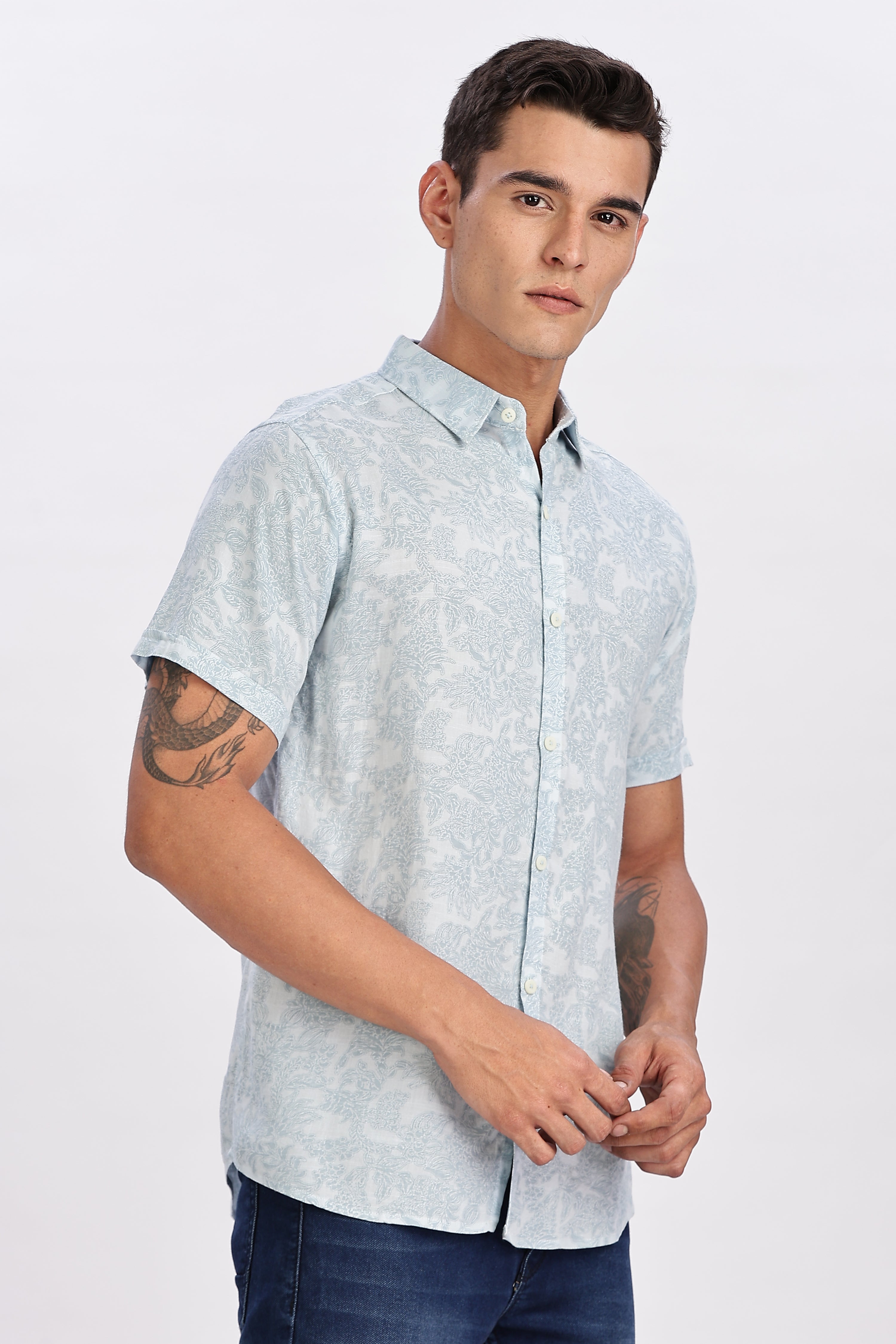 Color Hunt Men's Light Blue Half Sleeve Printed Rayon Shirt