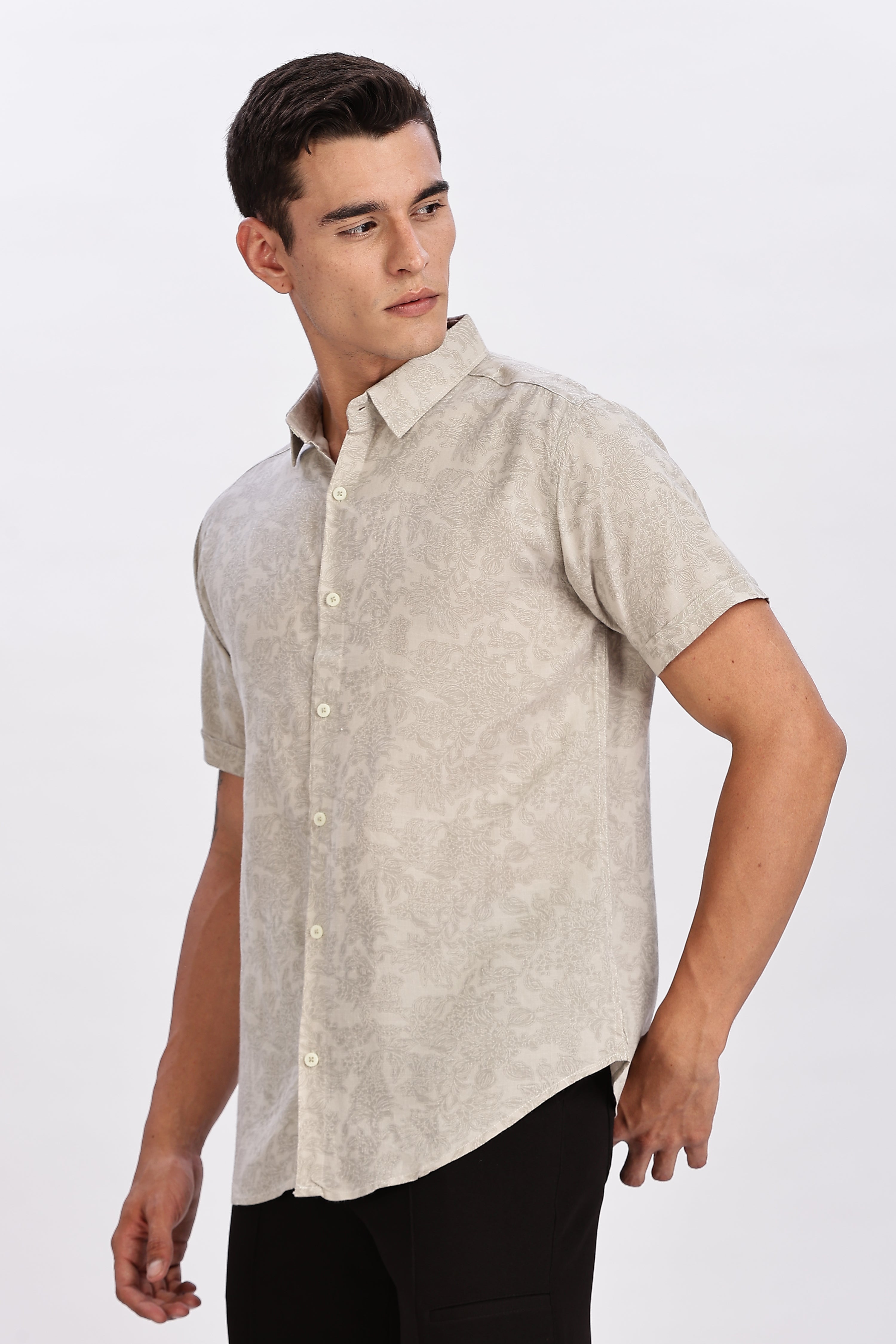 Color Hunt Men's Grey Printed Half Sleeve Rayon Shirt