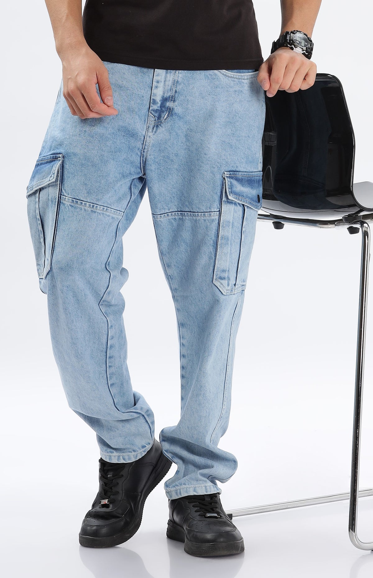 Light Blue 6-Pocket Cargo Pant for Men - Color Hunt