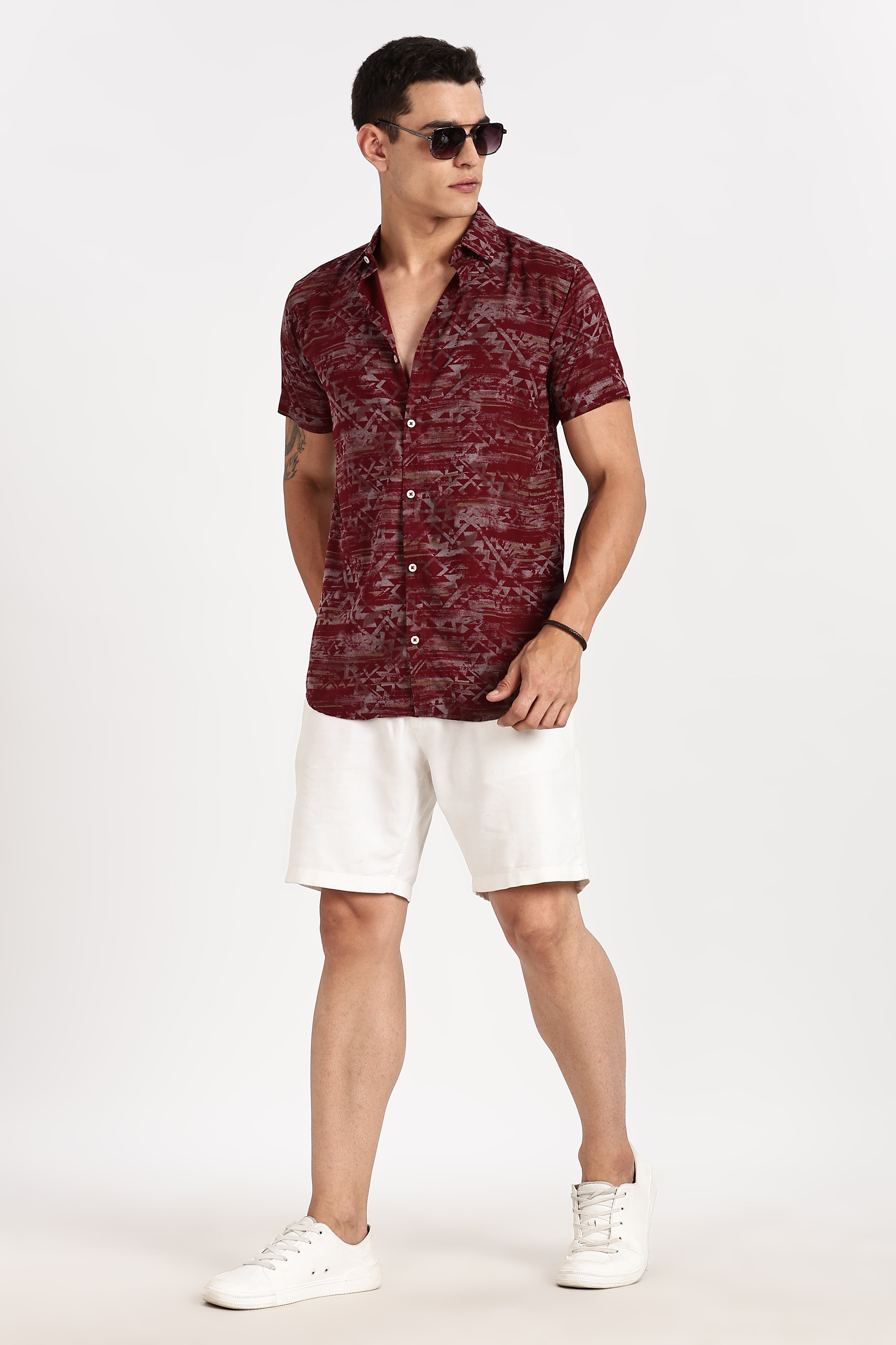 Color Hunt Men's Maroon Half Sleeve Poly Cotton Printed Shirt
