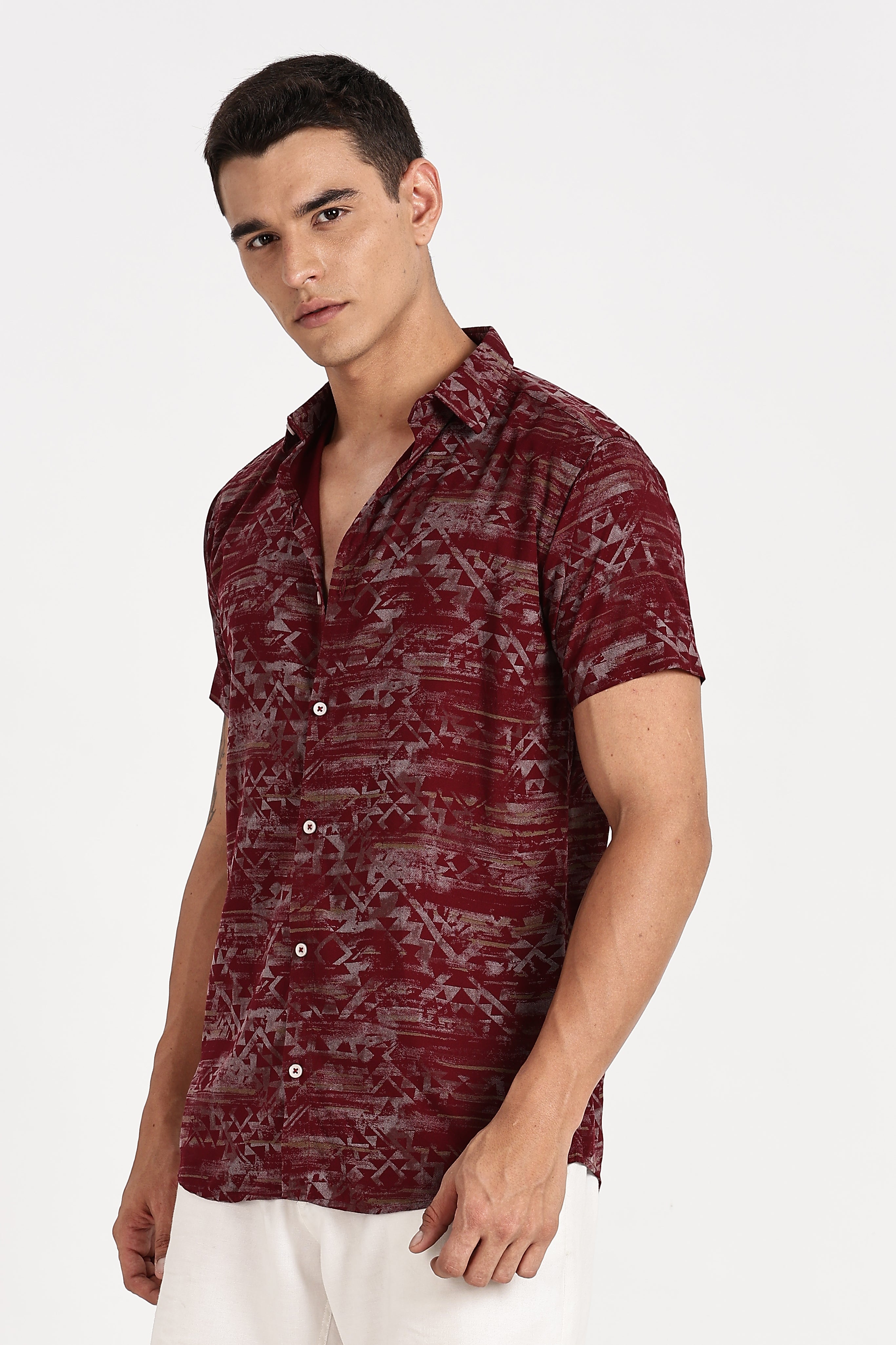 Color Hunt Men's Maroon Half Sleeve Poly Cotton Printed Shirt