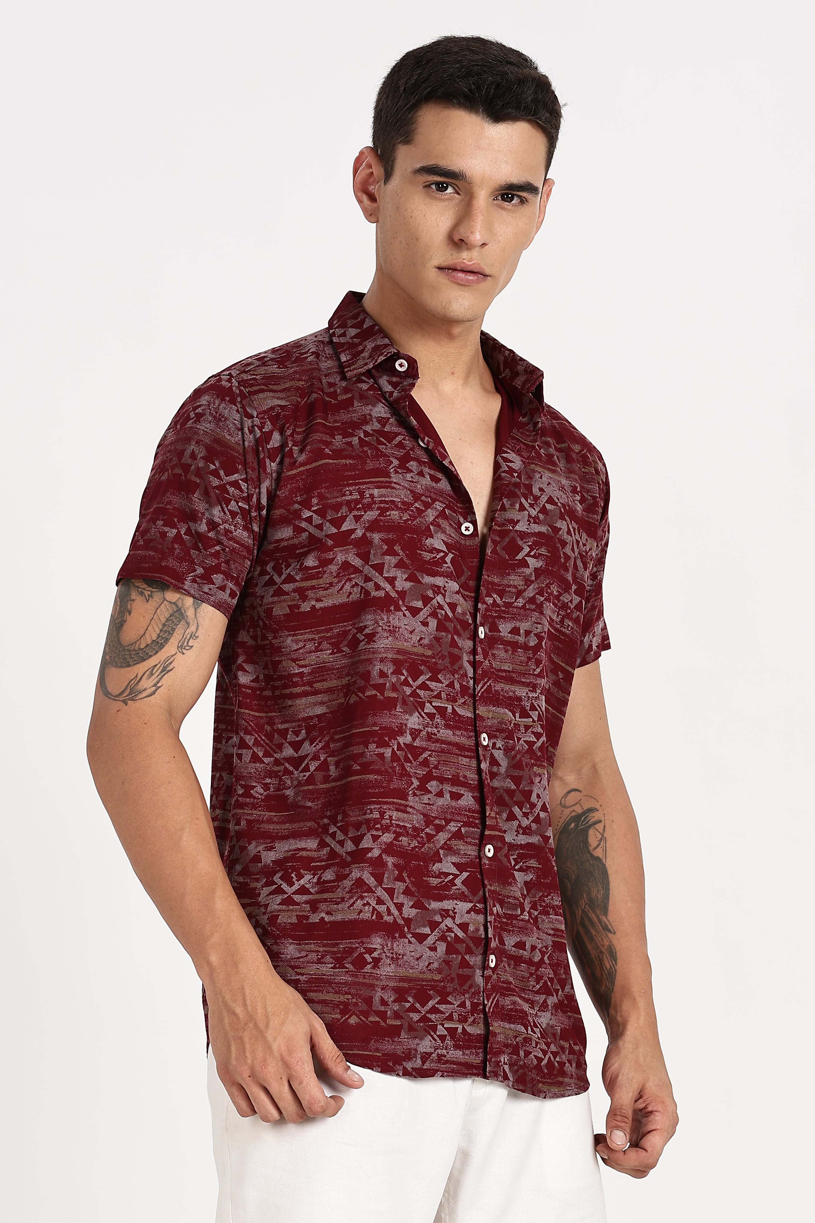 Color Hunt Men's Maroon Half Sleeve Poly Cotton Printed Shirt