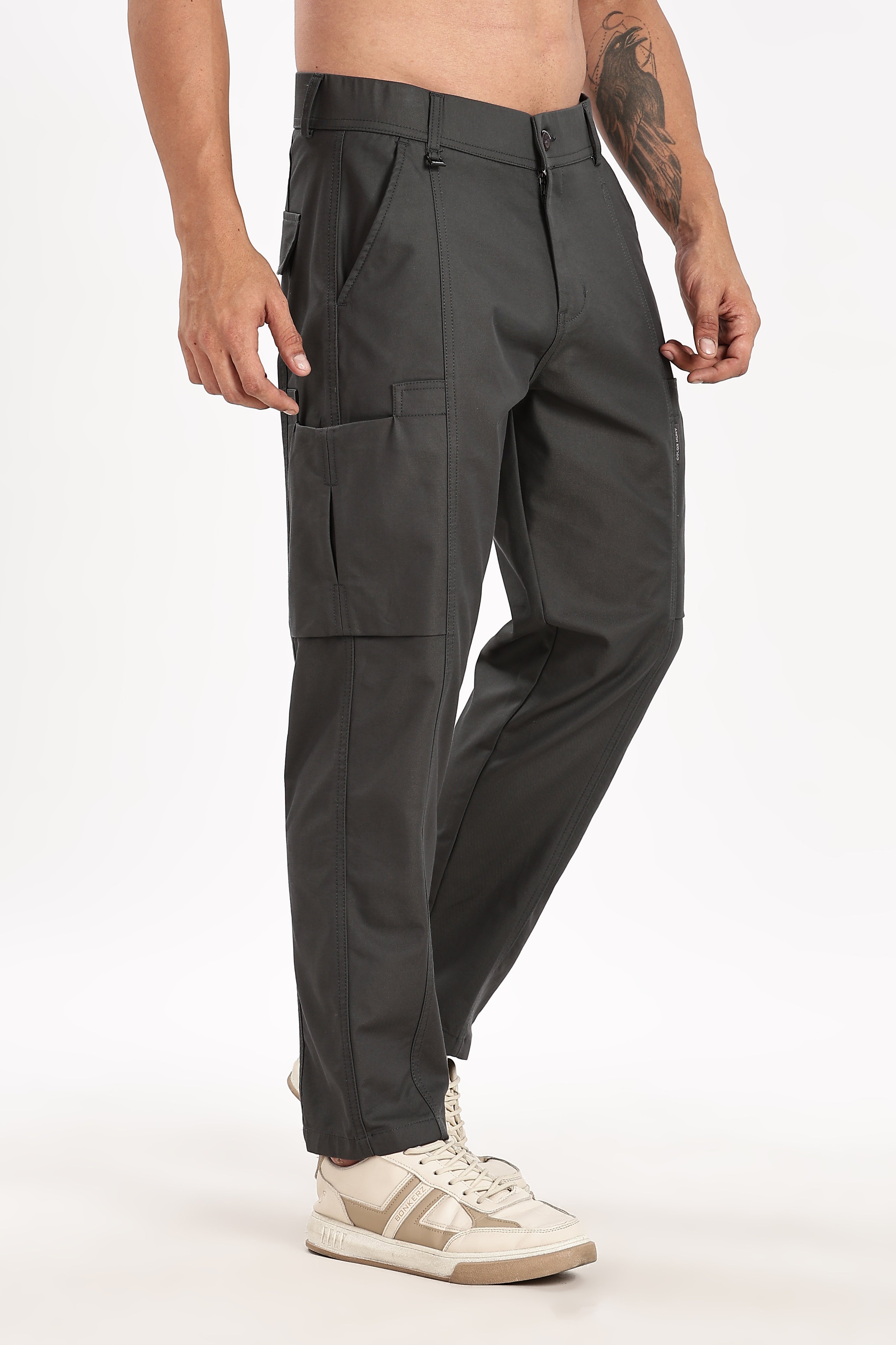 Color Hunt Men's Dark Grey Multi-Pocket Regular Fit Trousers