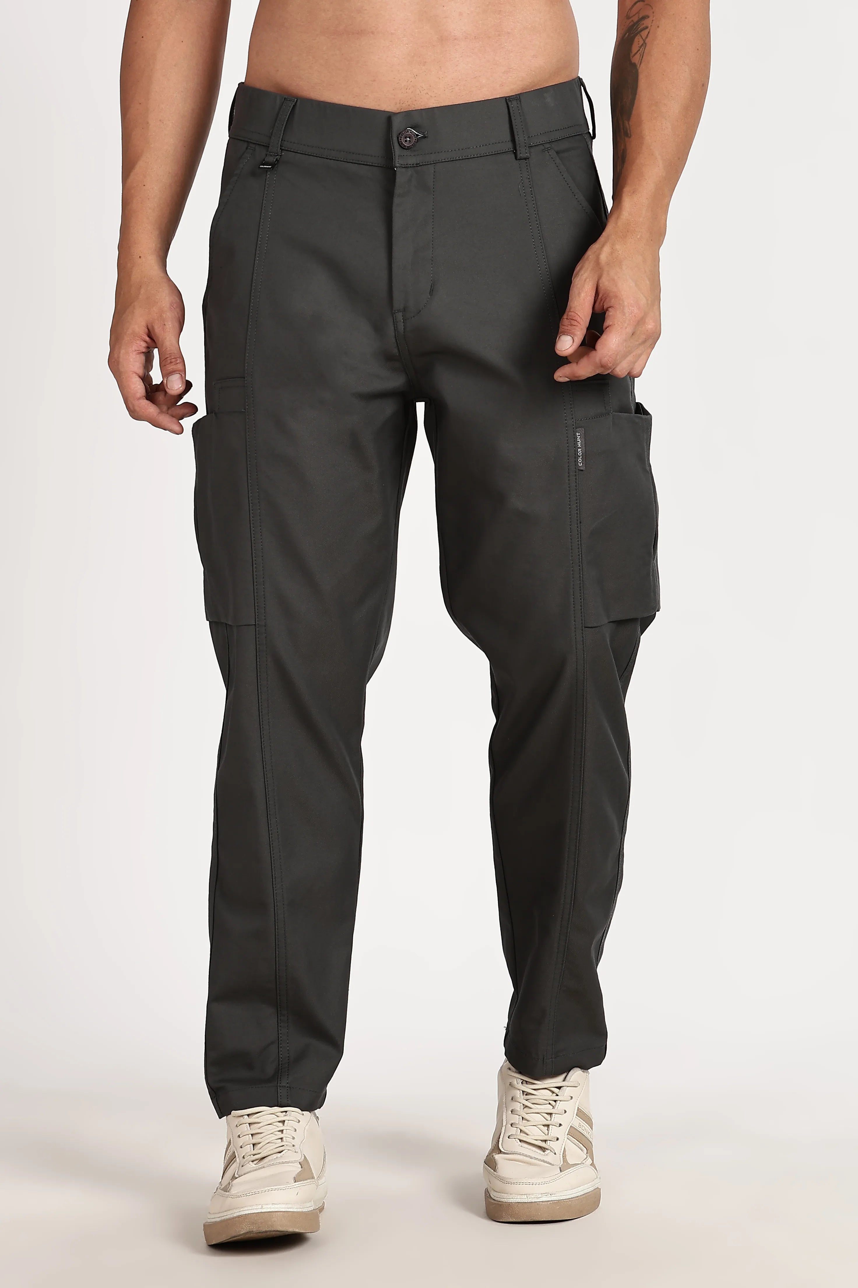Color Hunt Men's Dark Grey Multi-Pocket Regular Fit Trousers