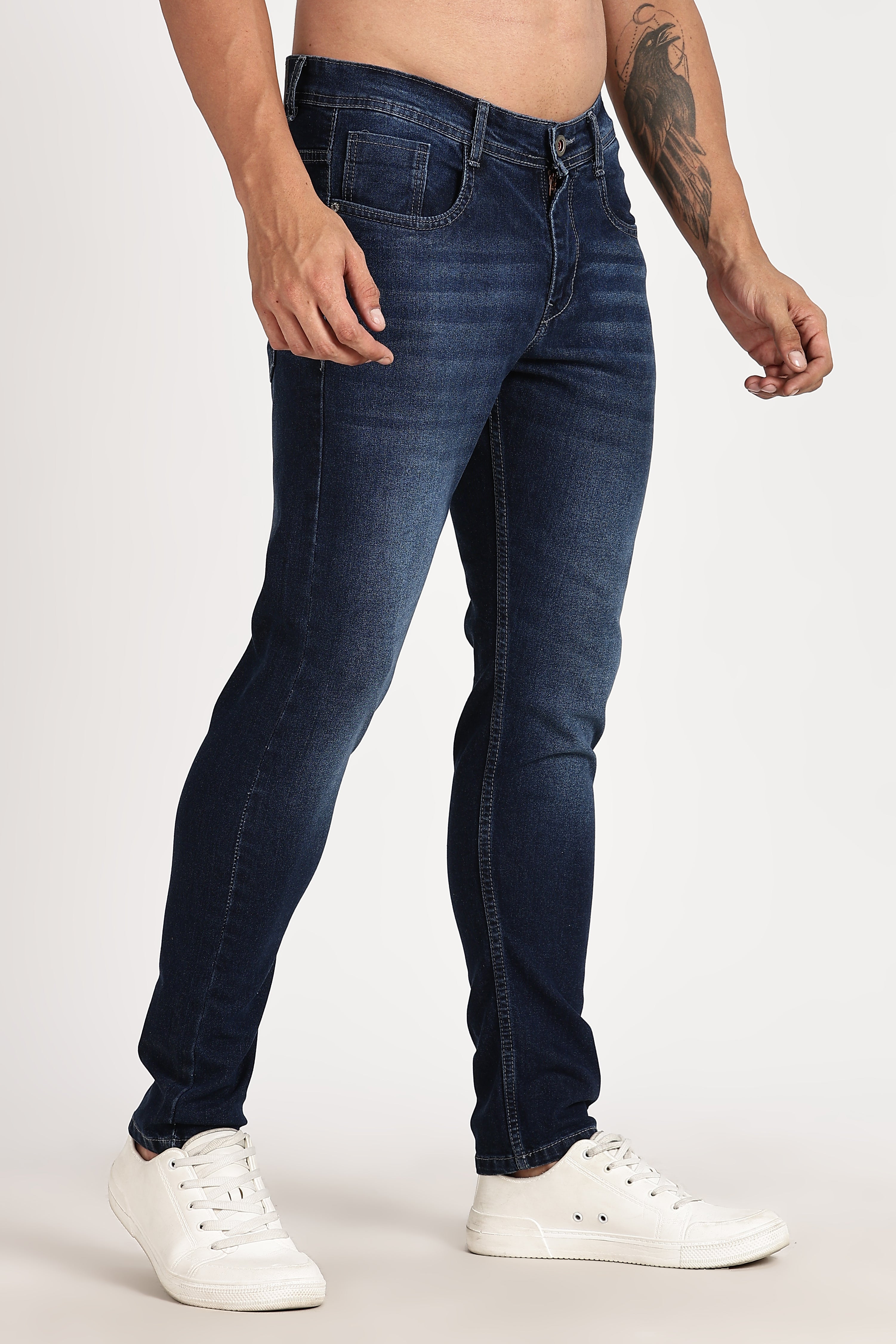 Color Hunt Men's Dark Blue Full Length Regular Fit Washed Denim Jeans