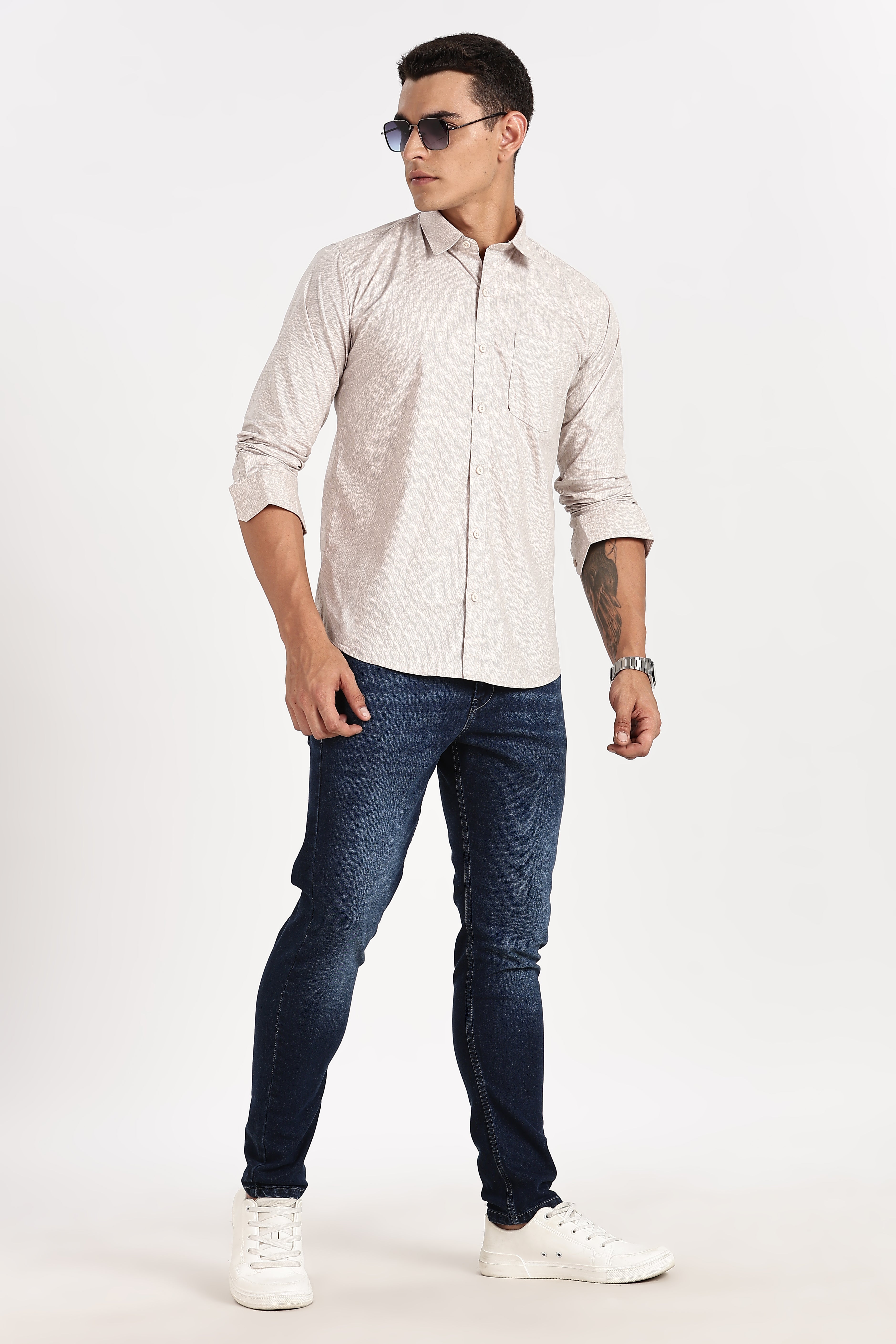 Color Hunt Men's Cream Printed Full Sleeve Cotton Shirt