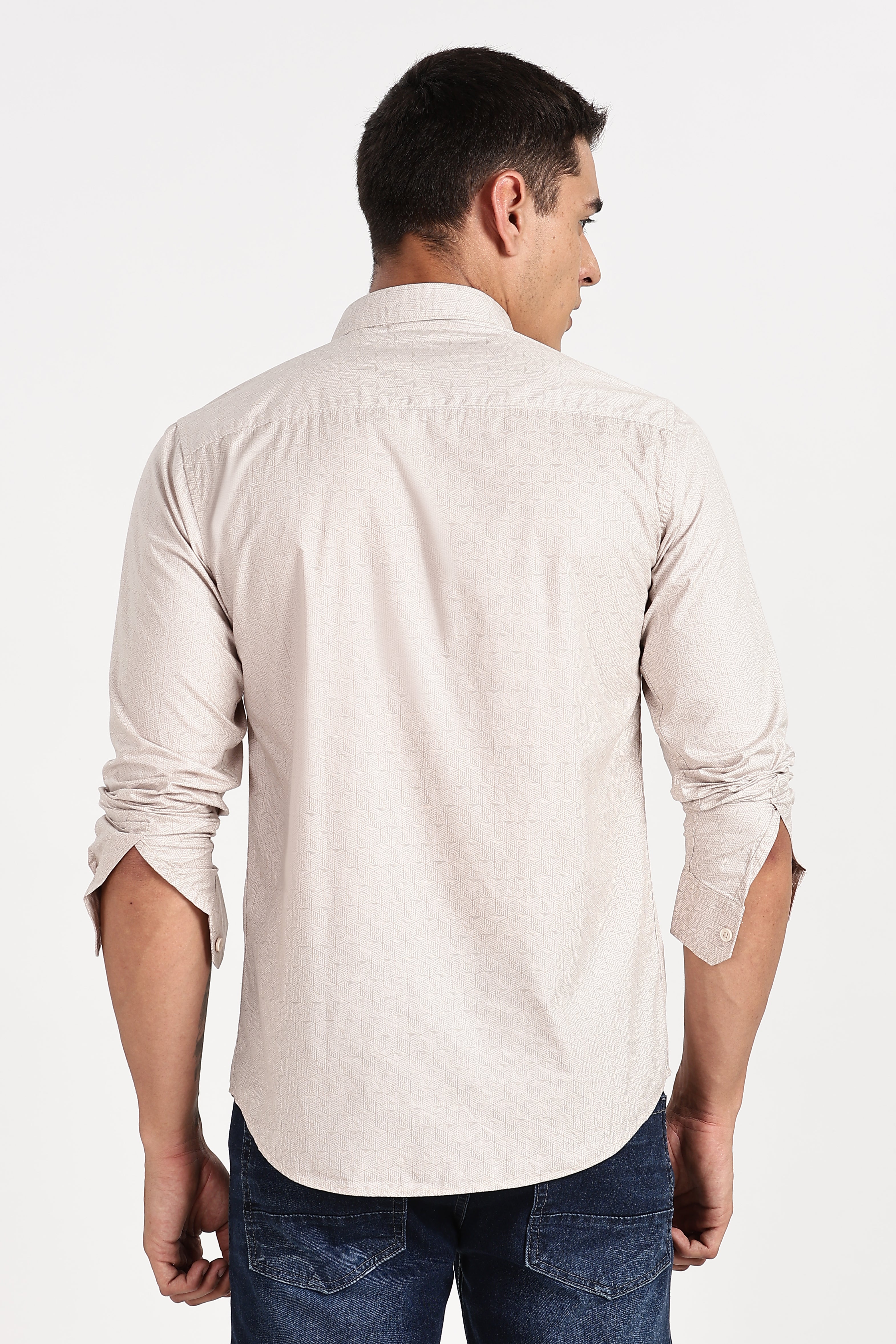 Color Hunt Men's Cream Printed Full Sleeve Cotton Shirt
