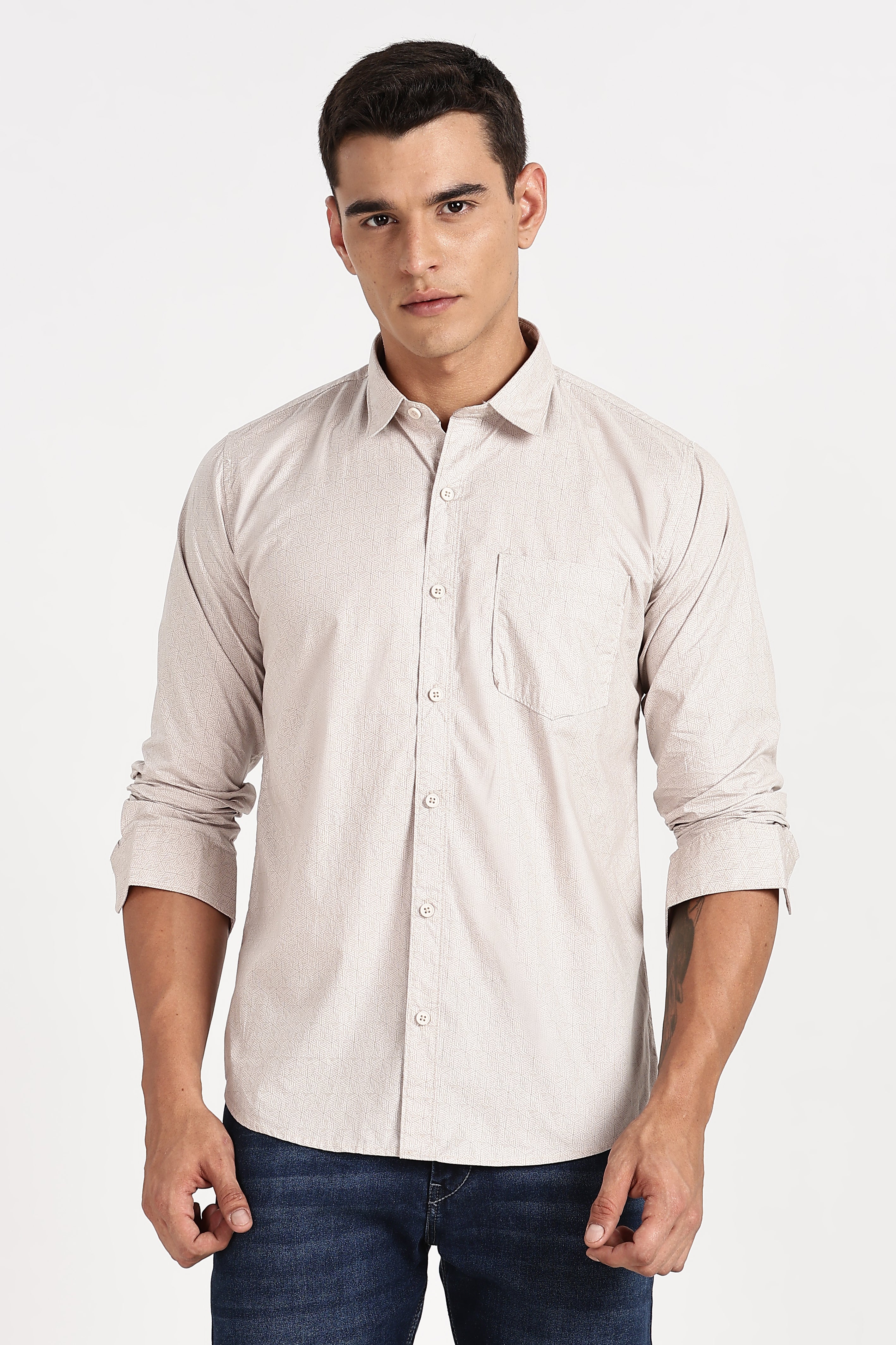 Color Hunt Men's Cream Printed Full Sleeve Cotton Shirt
