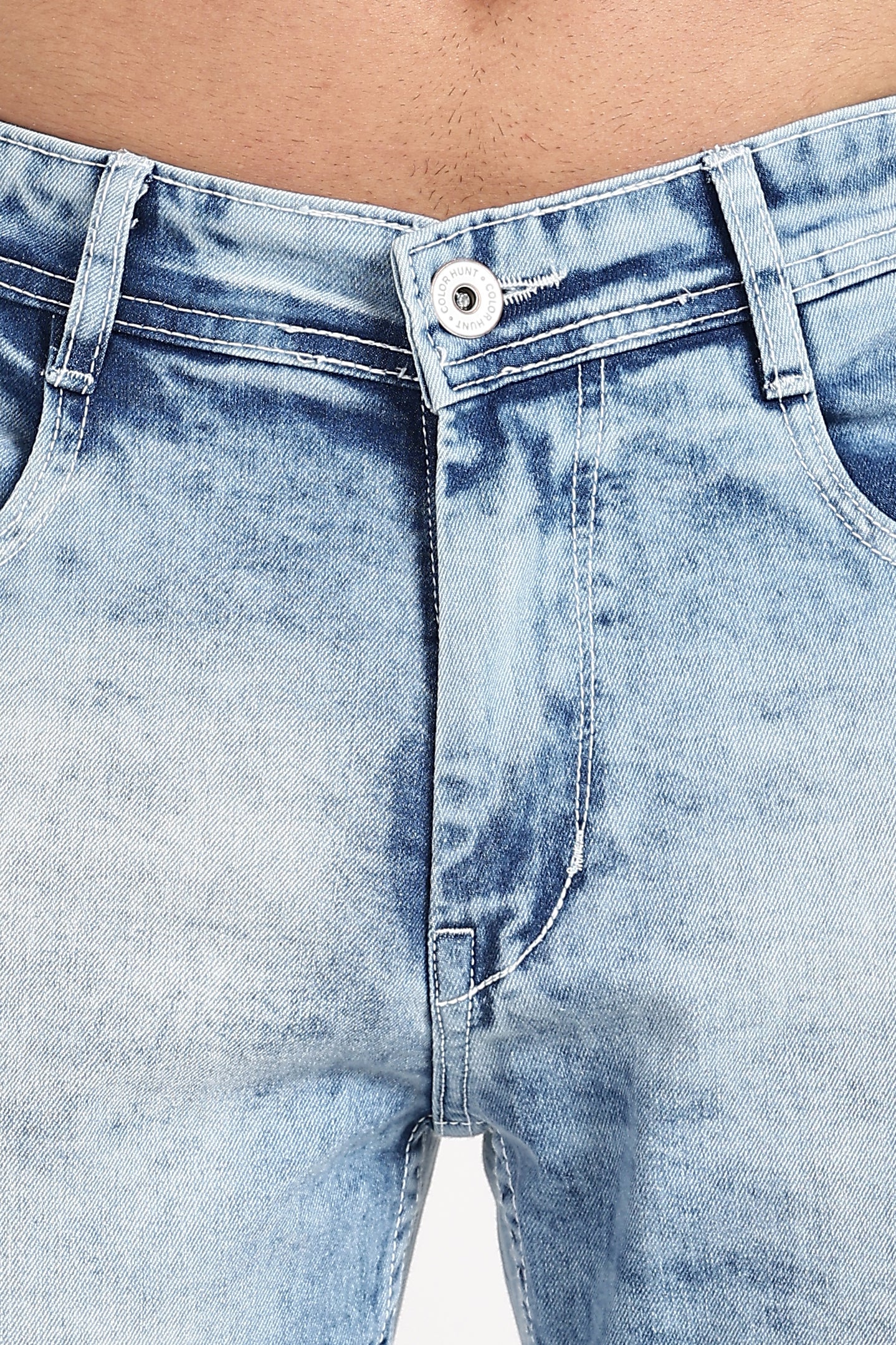 Color Hunt Men's Light Blue Full Length Washed Denim Jeans