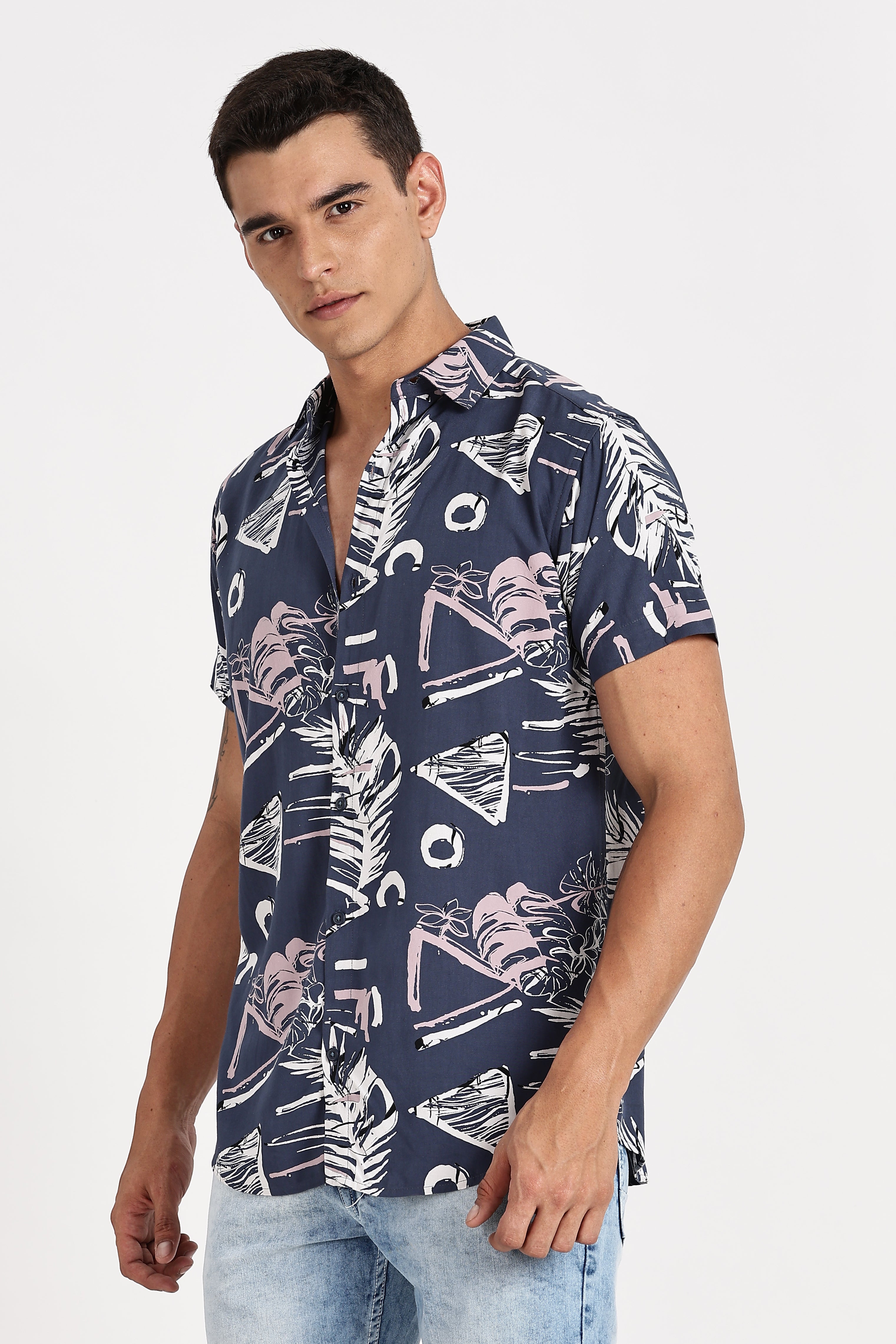 Color Hunt Men's Dark Blue Printed Half Sleeve Shirt
