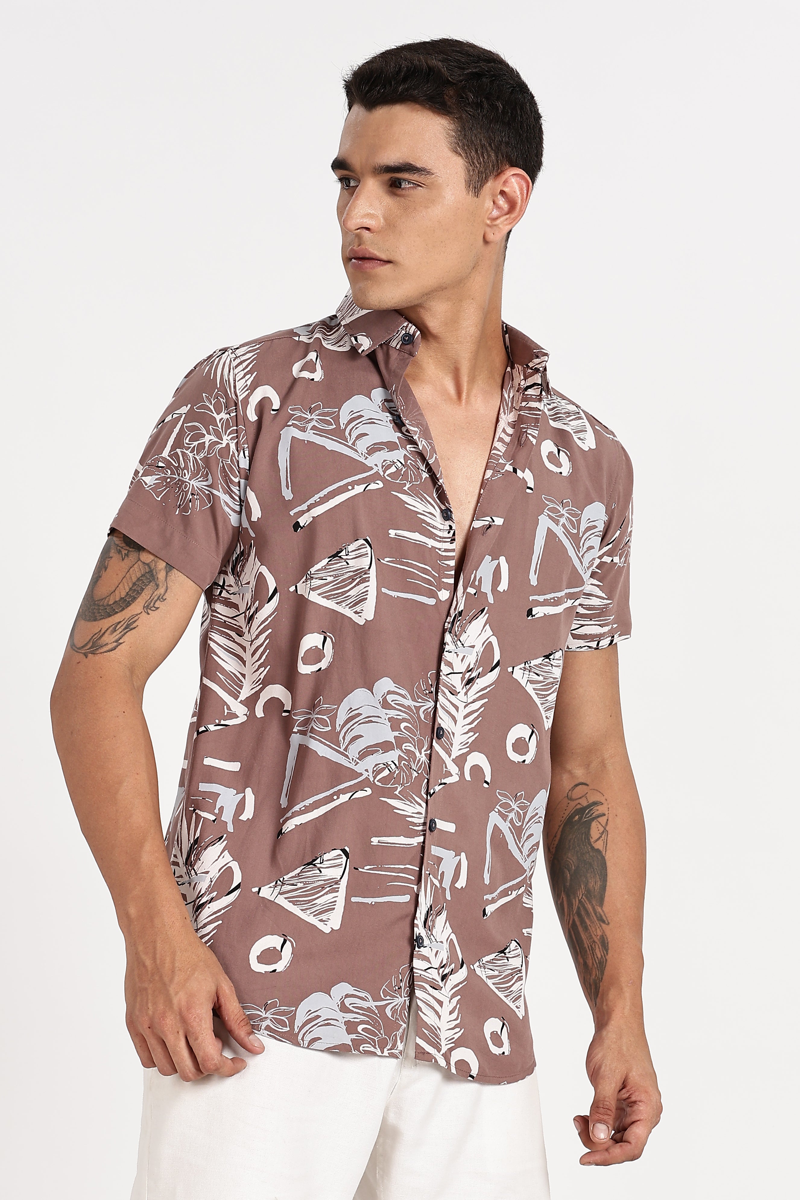 Color Hunt Men's Brown Printed Half Sleeve Poly Cotton Shirt