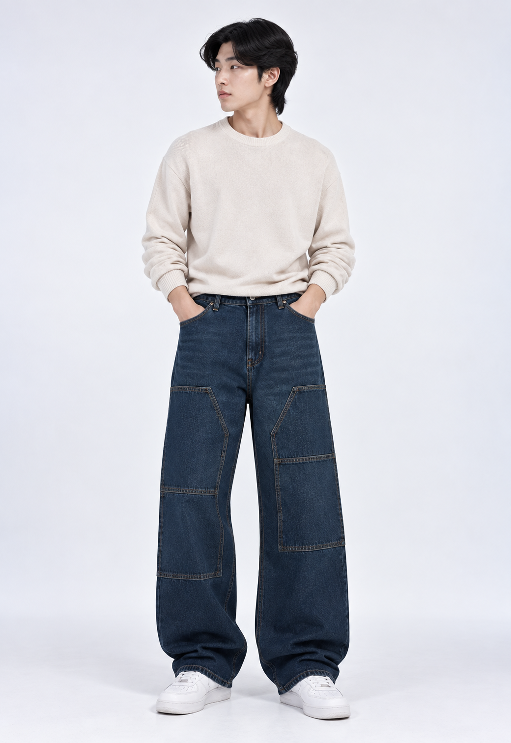 Color Hunt Dark Blue Baggy Fit Cargo Denim Jeans for Men