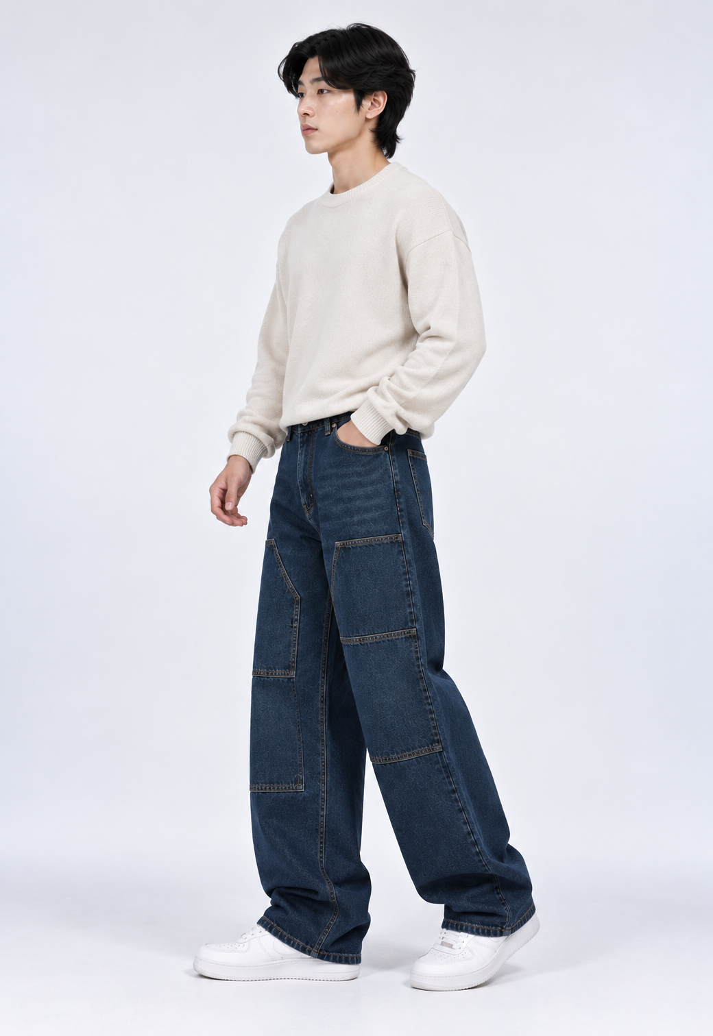 Color Hunt Dark Blue Baggy Fit Cargo Denim Jeans for Men