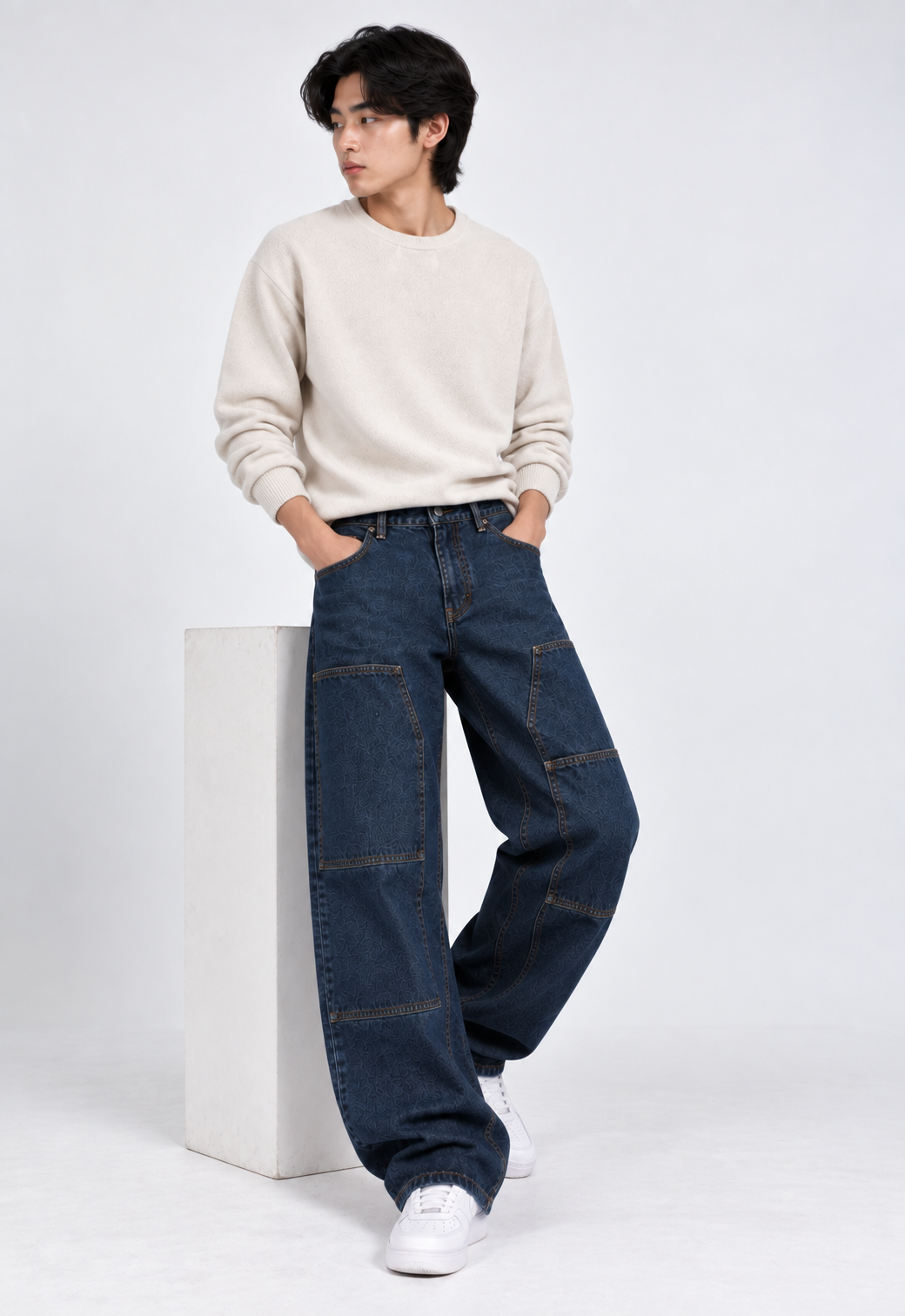 Color Hunt Dark Blue Baggy Fit Cargo Denim Jeans for Men