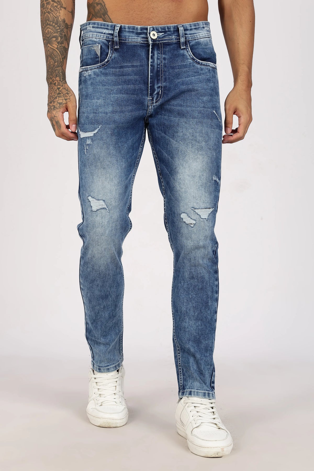 Light Blue Washed Full Length Denim Jeans for Men - Color Hunt