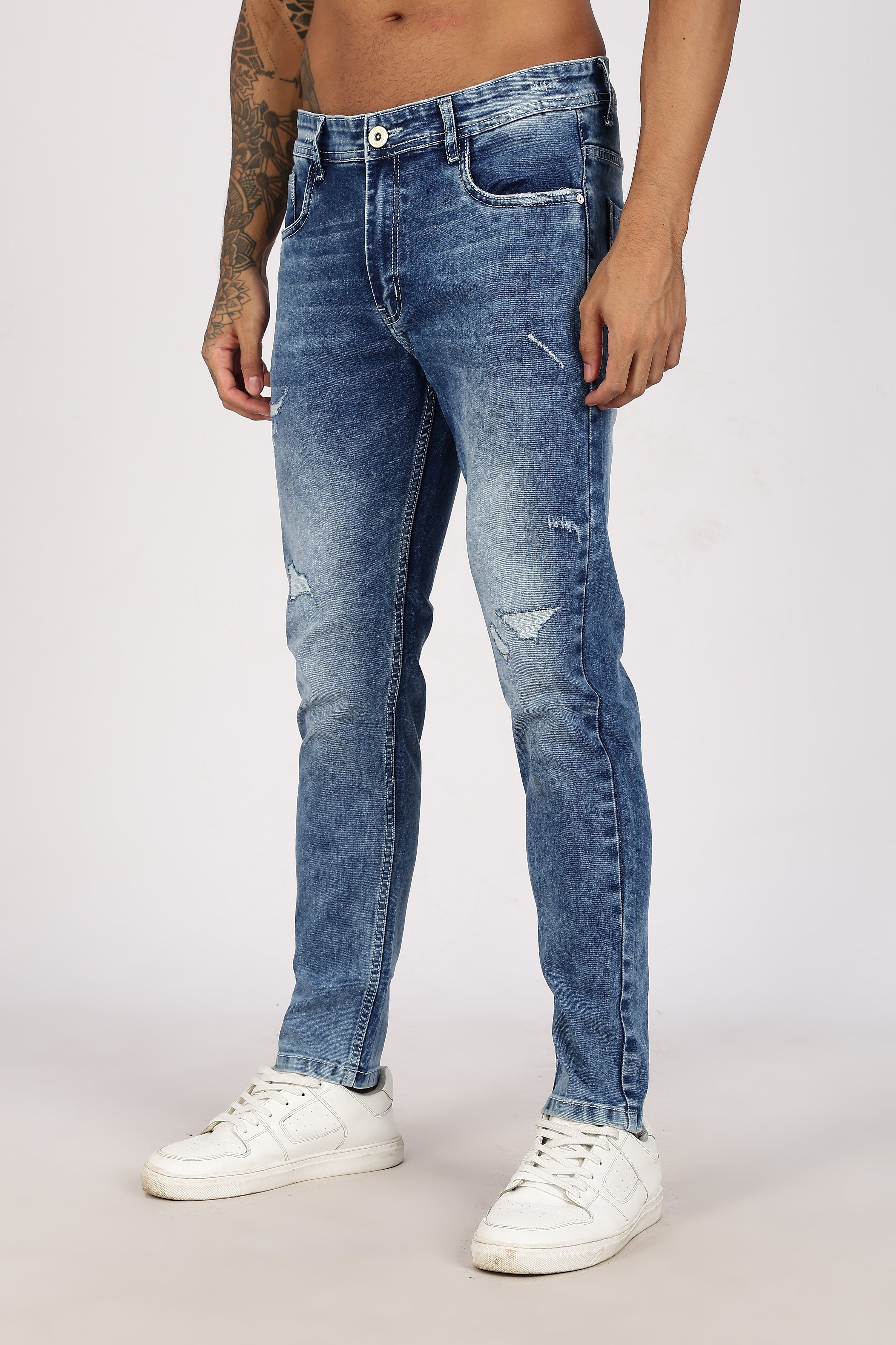 Color Hunt Men's Light Blue Full Length Washed Denim Jeans