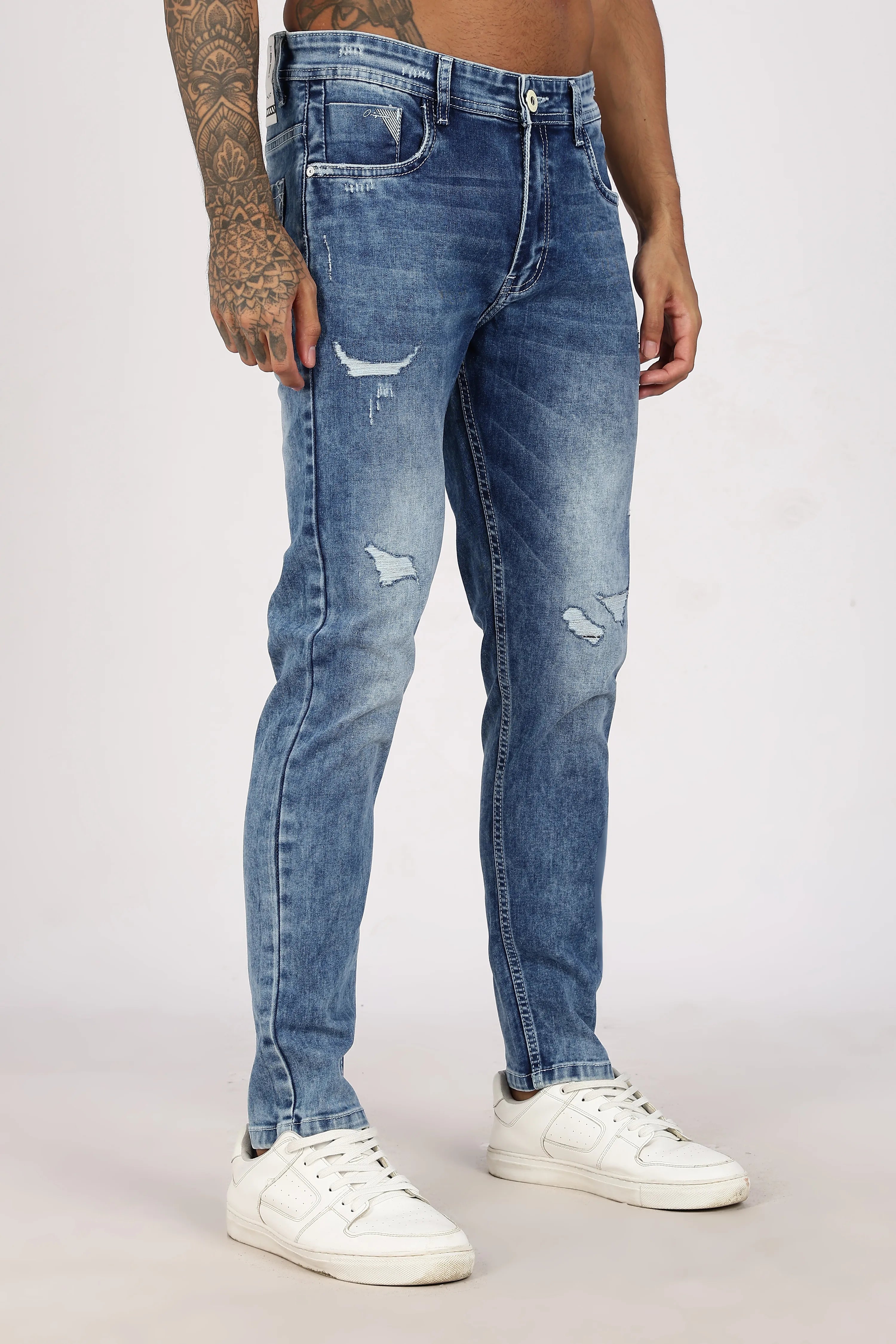 Color Hunt Men's Light Blue Full Length Washed Denim Jeans