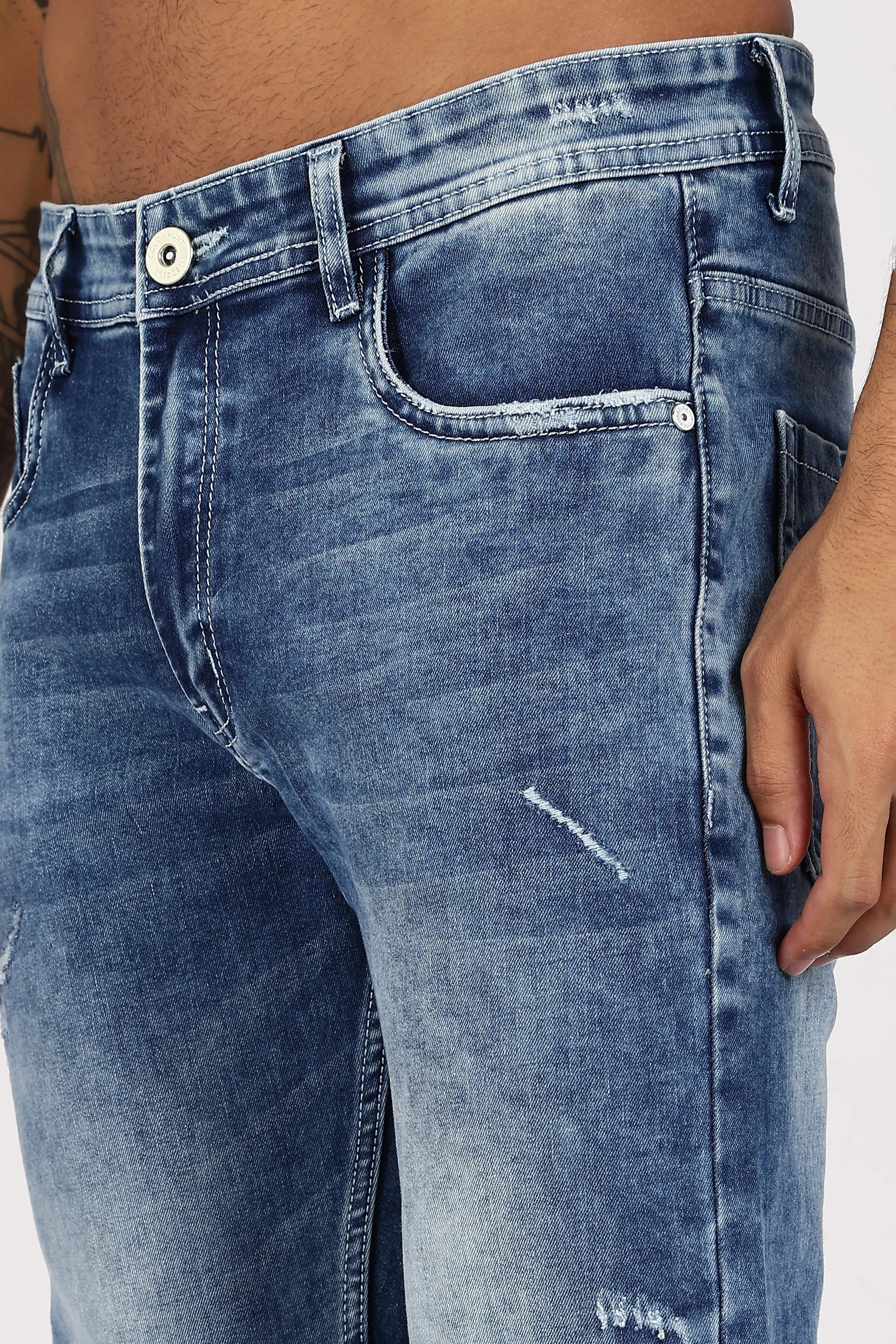 Color Hunt Men's Light Blue Full Length Washed Denim Jeans