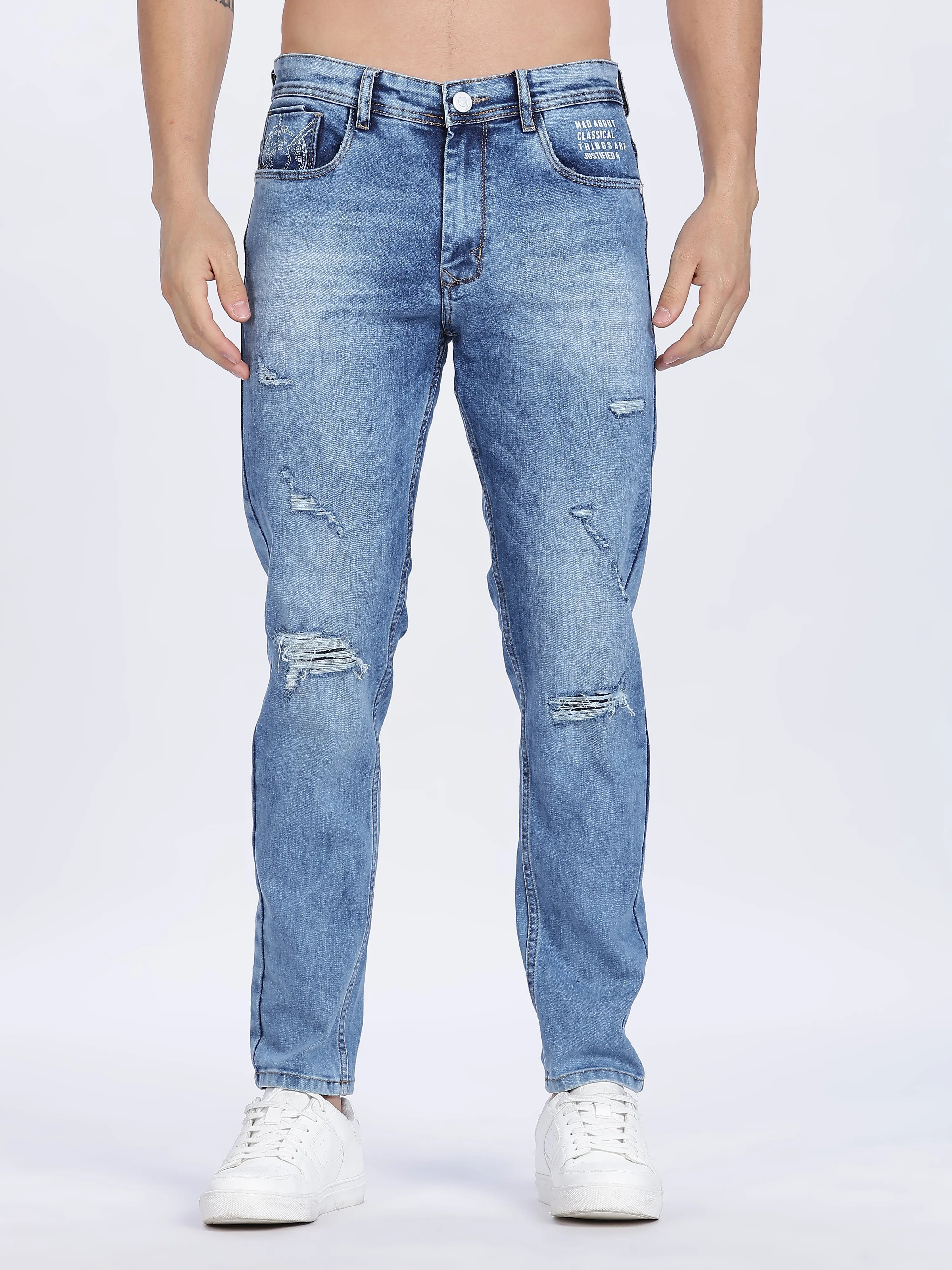 Blue Ripped Full Length Denim Jeans for Men - Color Hunt