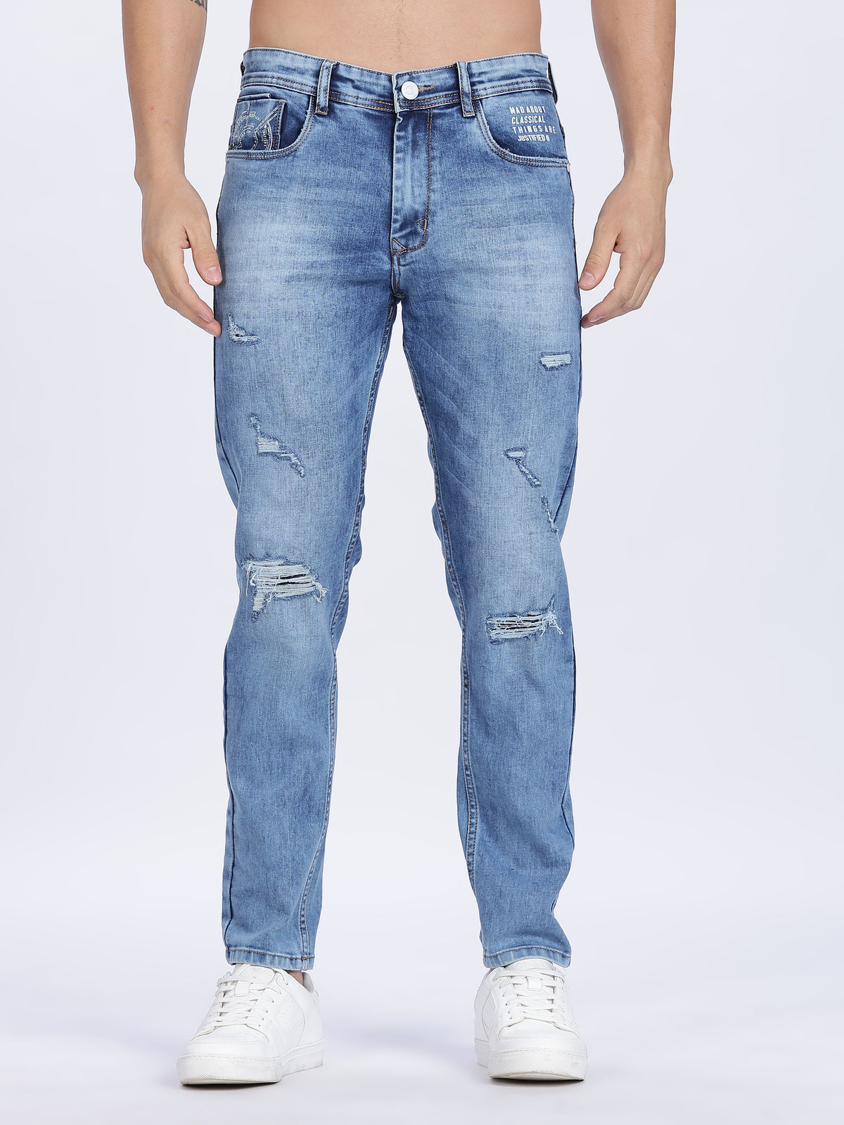 Color Hunt Men's Blue Ripped Full Length Denim Jeans