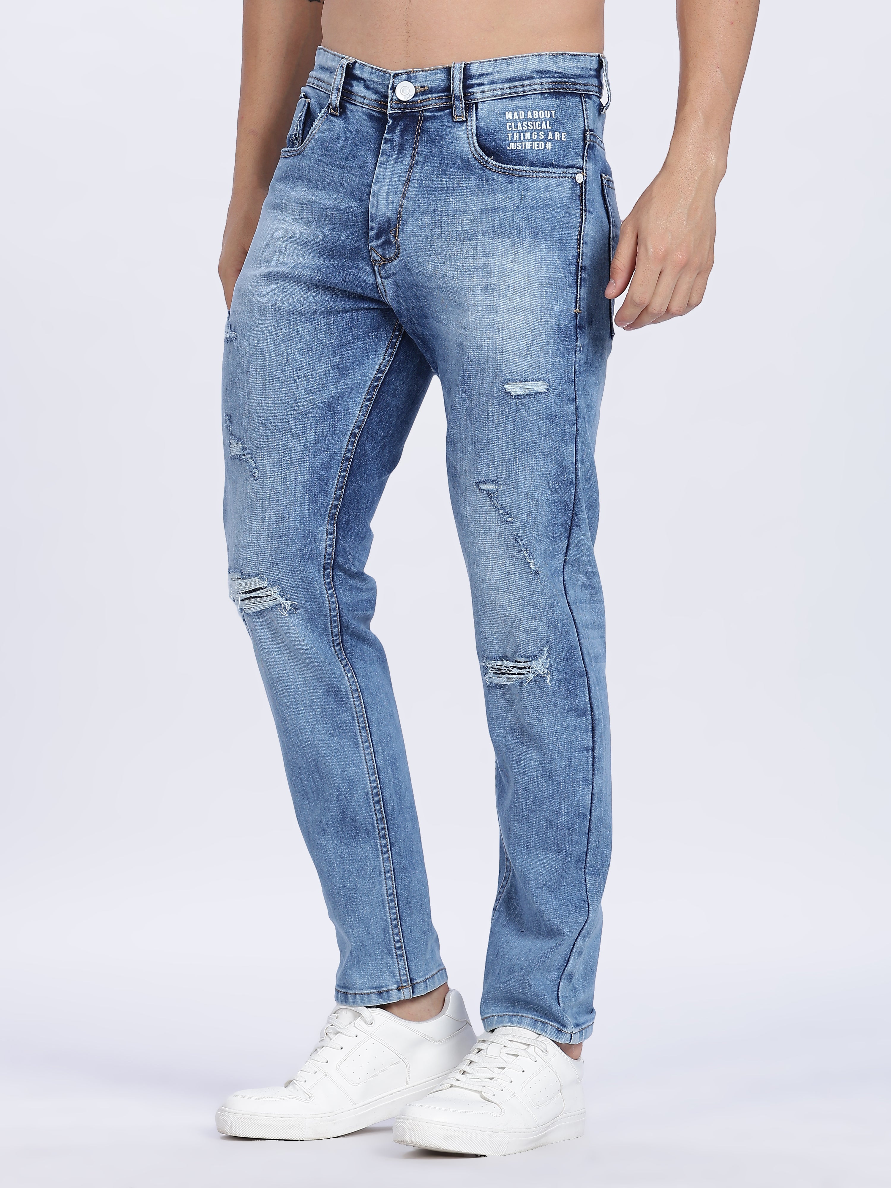 Color Hunt Men's Blue Ripped Full Length Denim Jeans