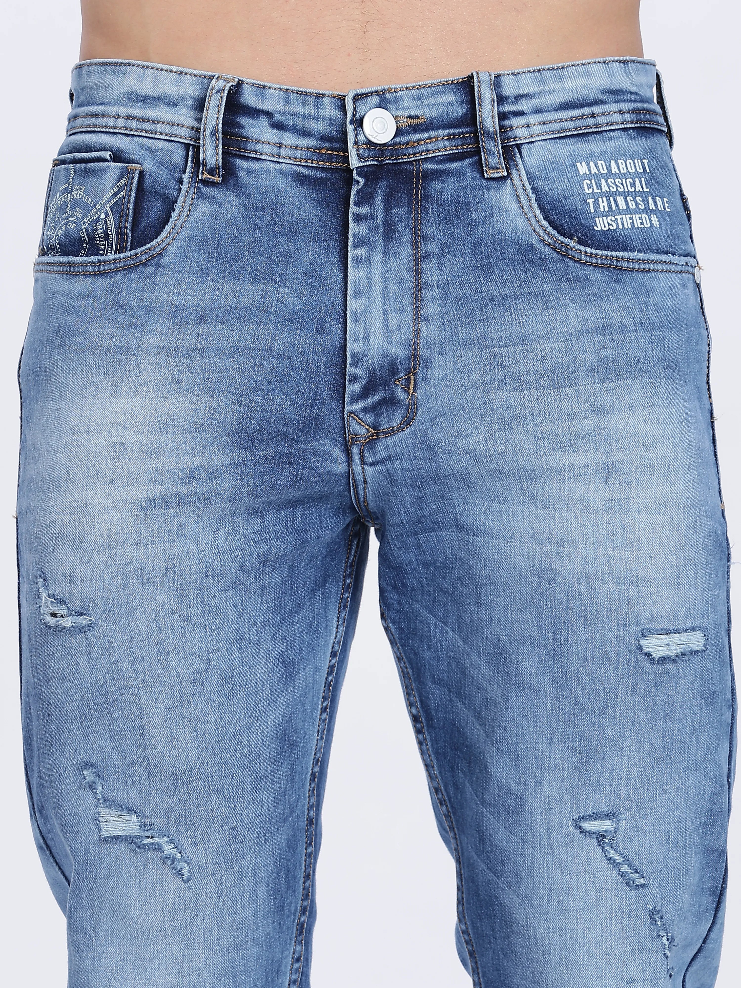 Color Hunt Men's Blue Ripped Full Length Denim Jeans