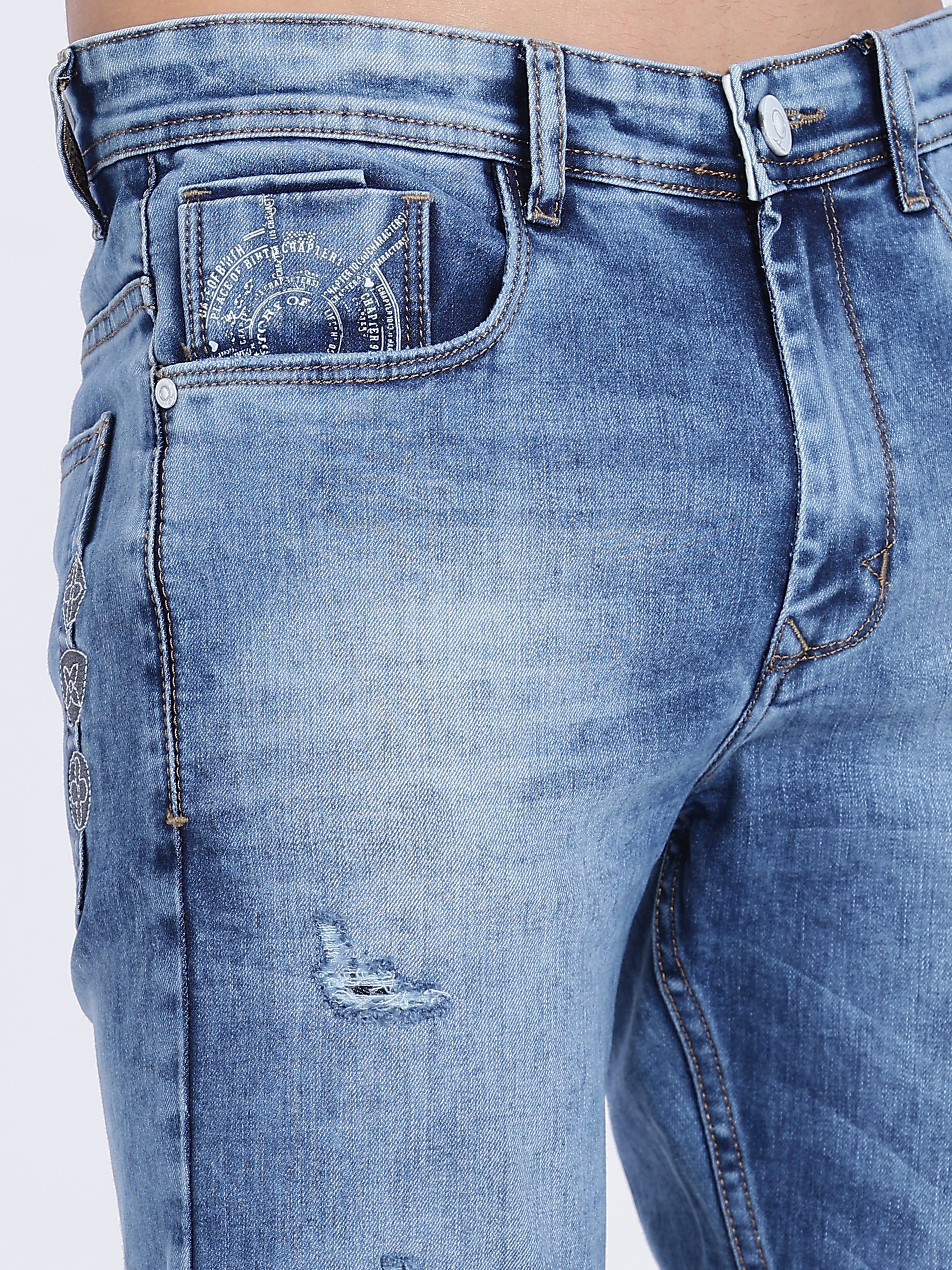 Color Hunt Men's Blue Ripped Full Length Denim Jeans