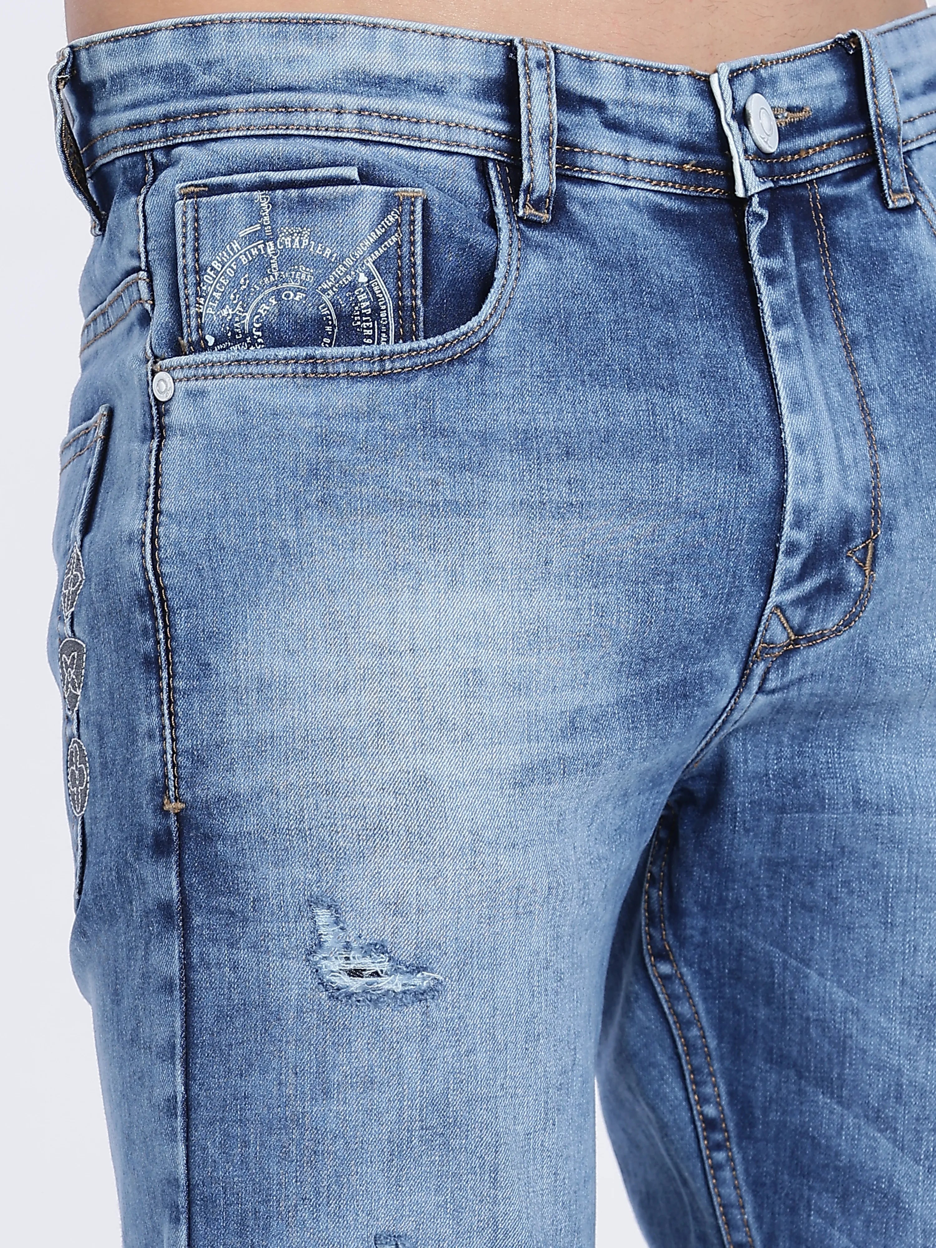 Color Hunt Men's Blue Ripped Full Length Denim Jeans