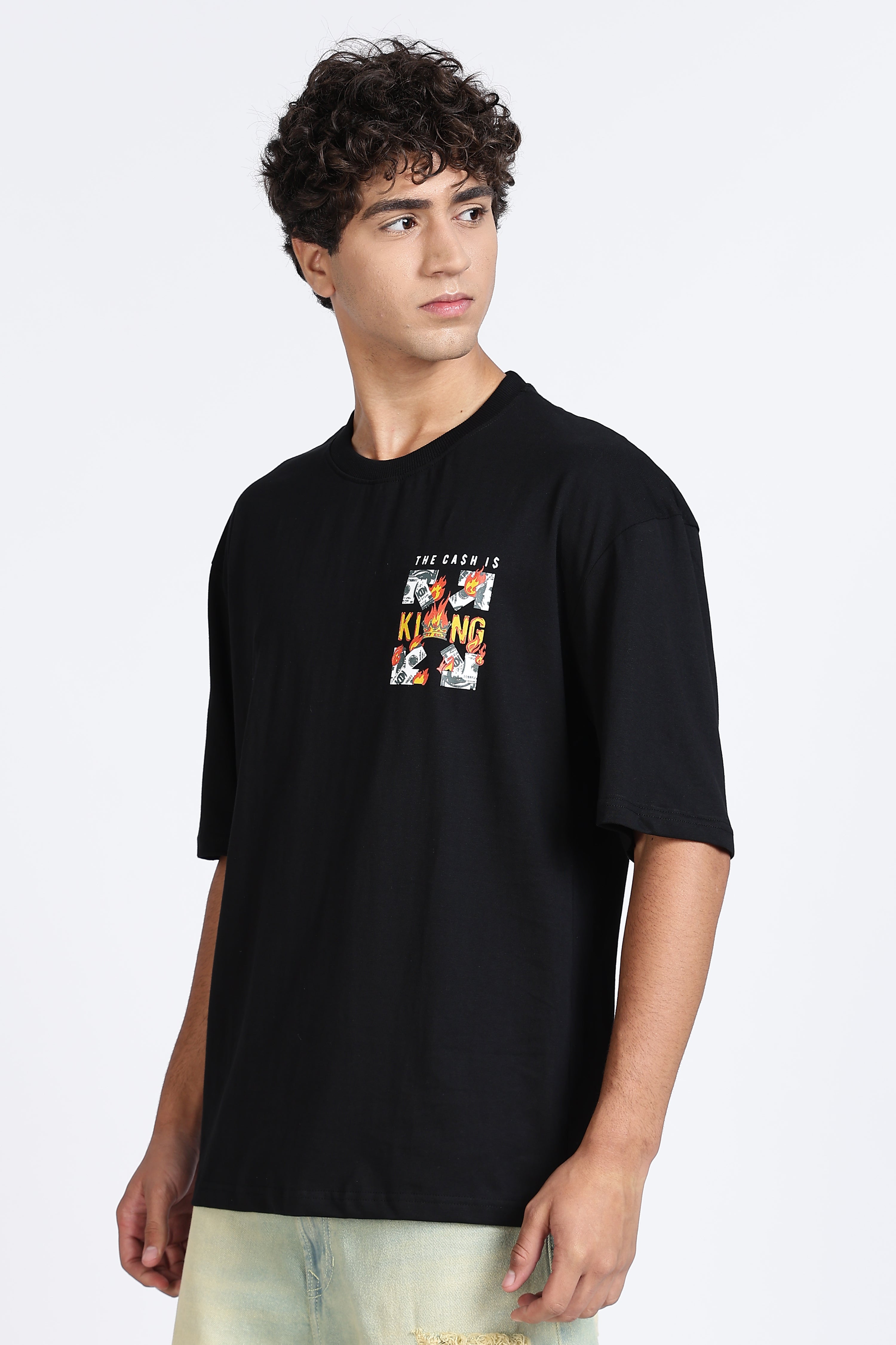 Color Hunt Men's Black Oversize Printed Pure Cotton T-Shirt