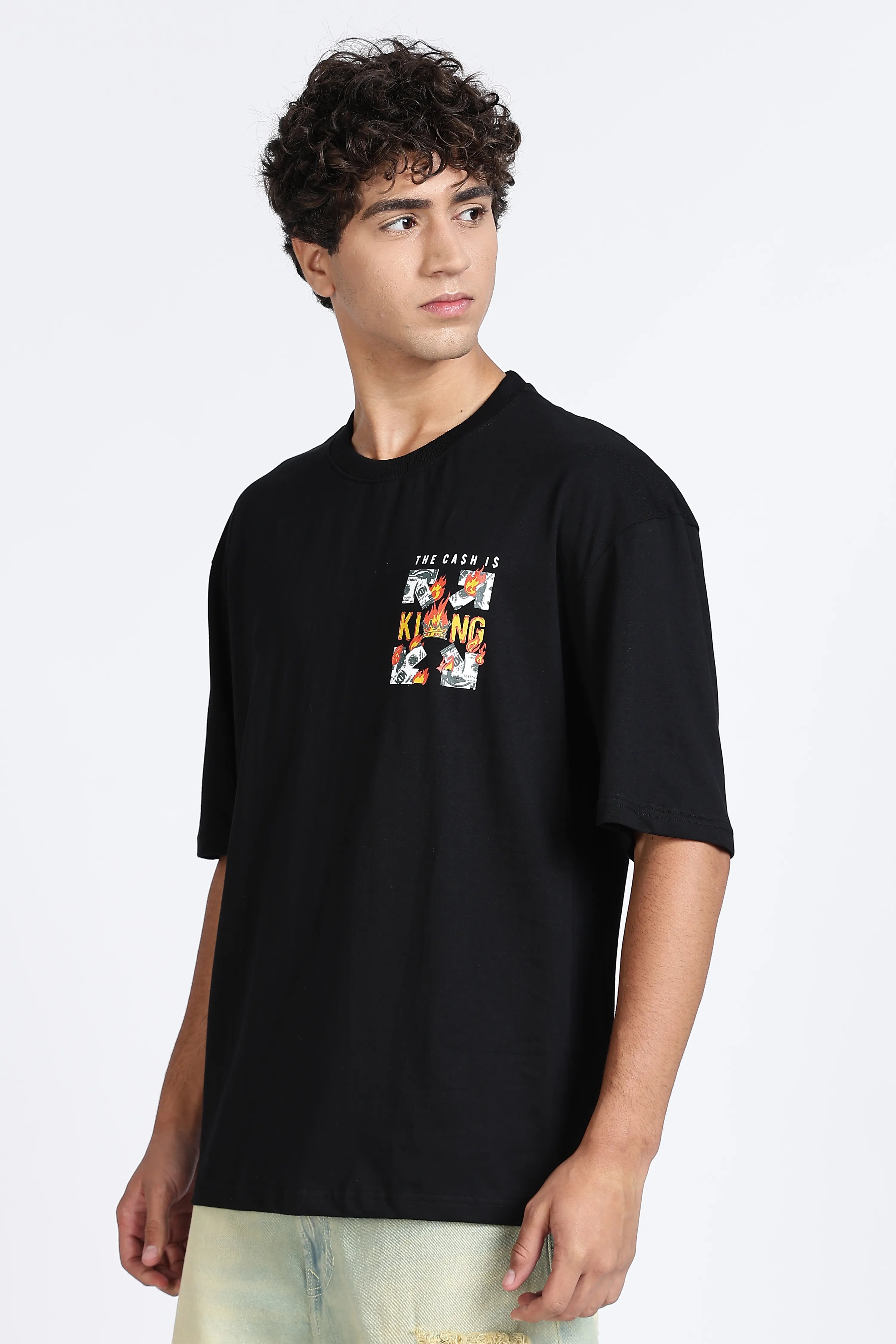 Color Hunt Men's Black Oversize Printed Pure Cotton T-Shirt