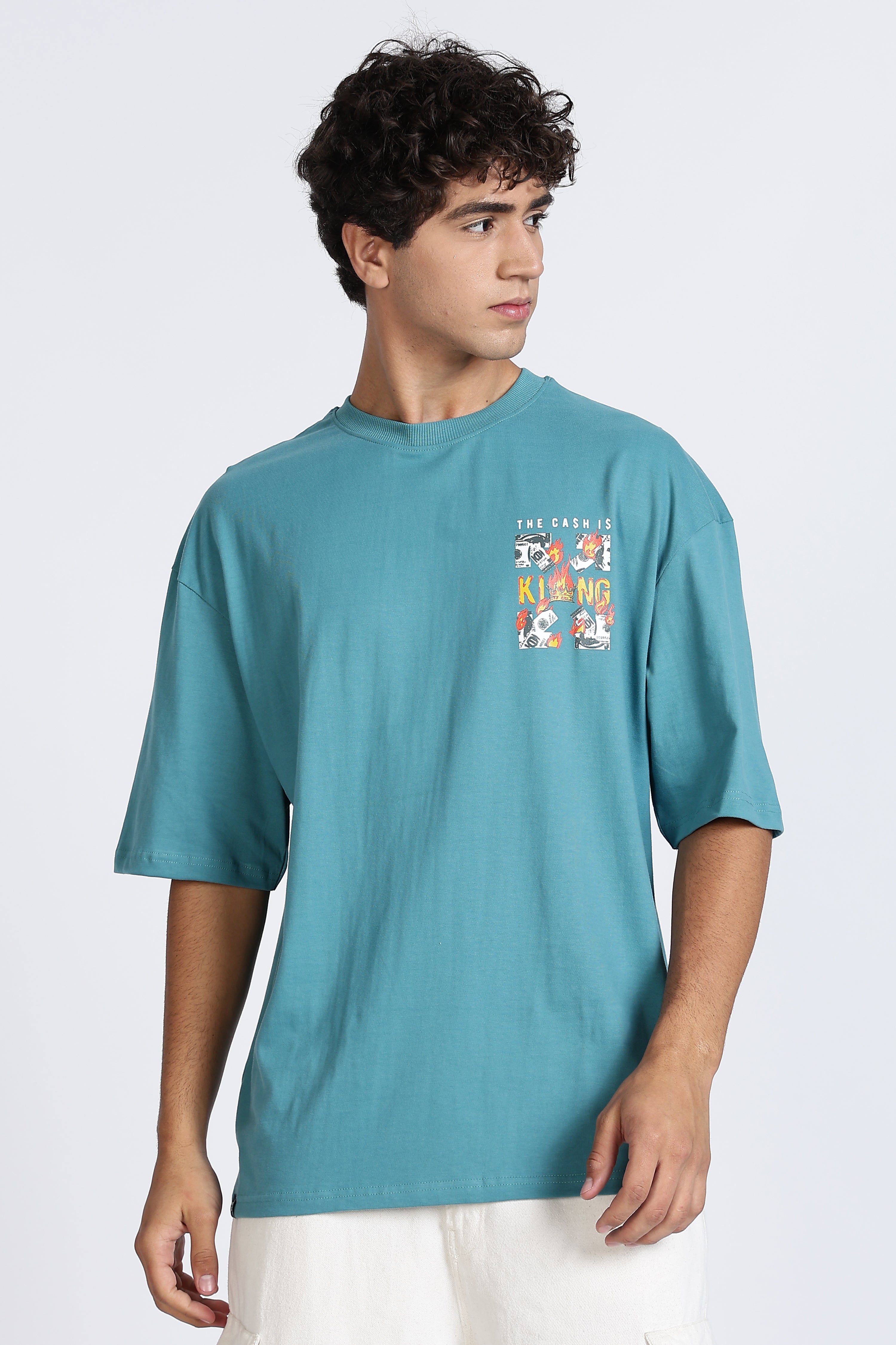 Color Hunt Cyan Oversize Printed Half Sleeve Pure Cotton T-Shirt