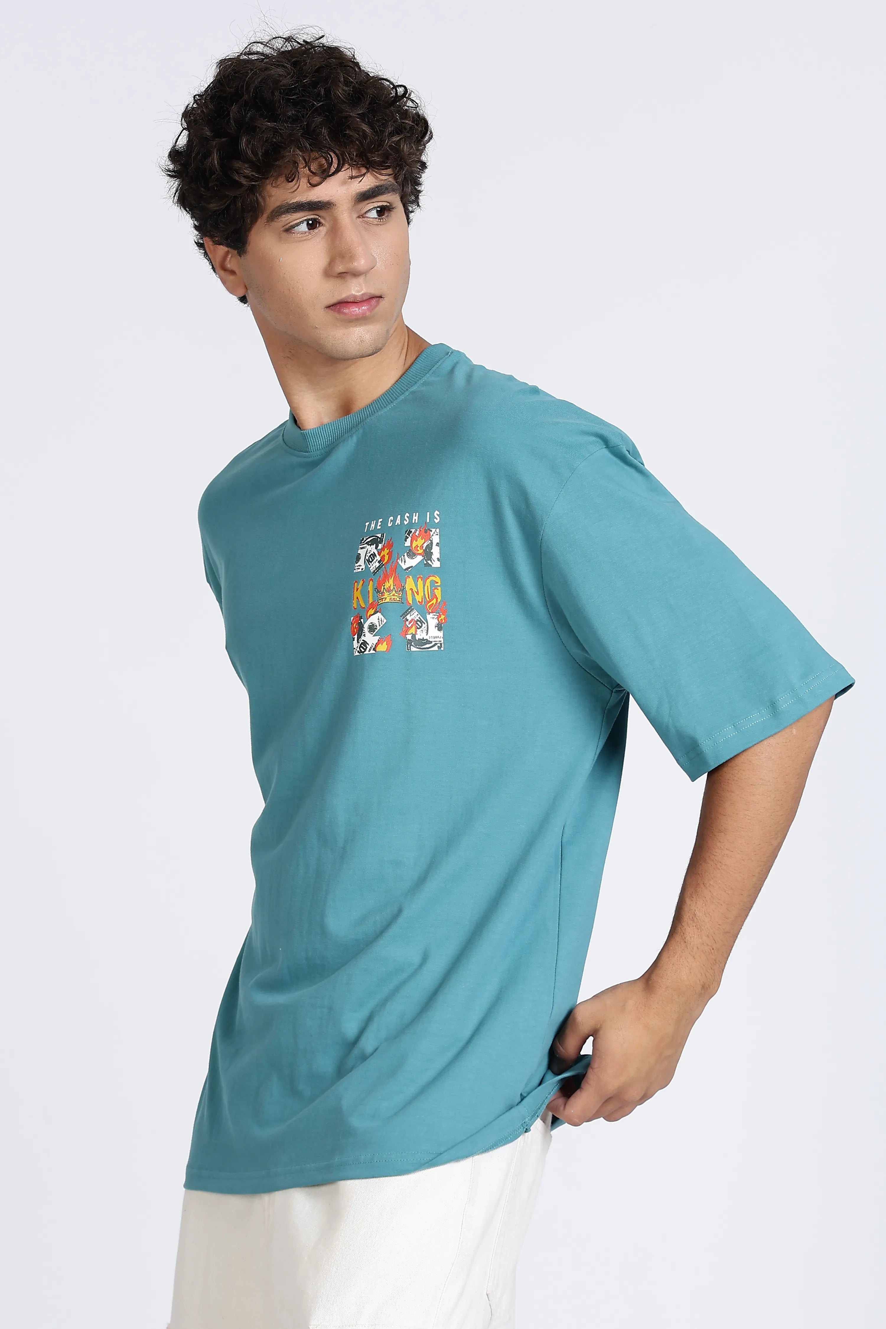 Color Hunt Cyan Oversize Printed Half Sleeve Pure Cotton T-Shirt