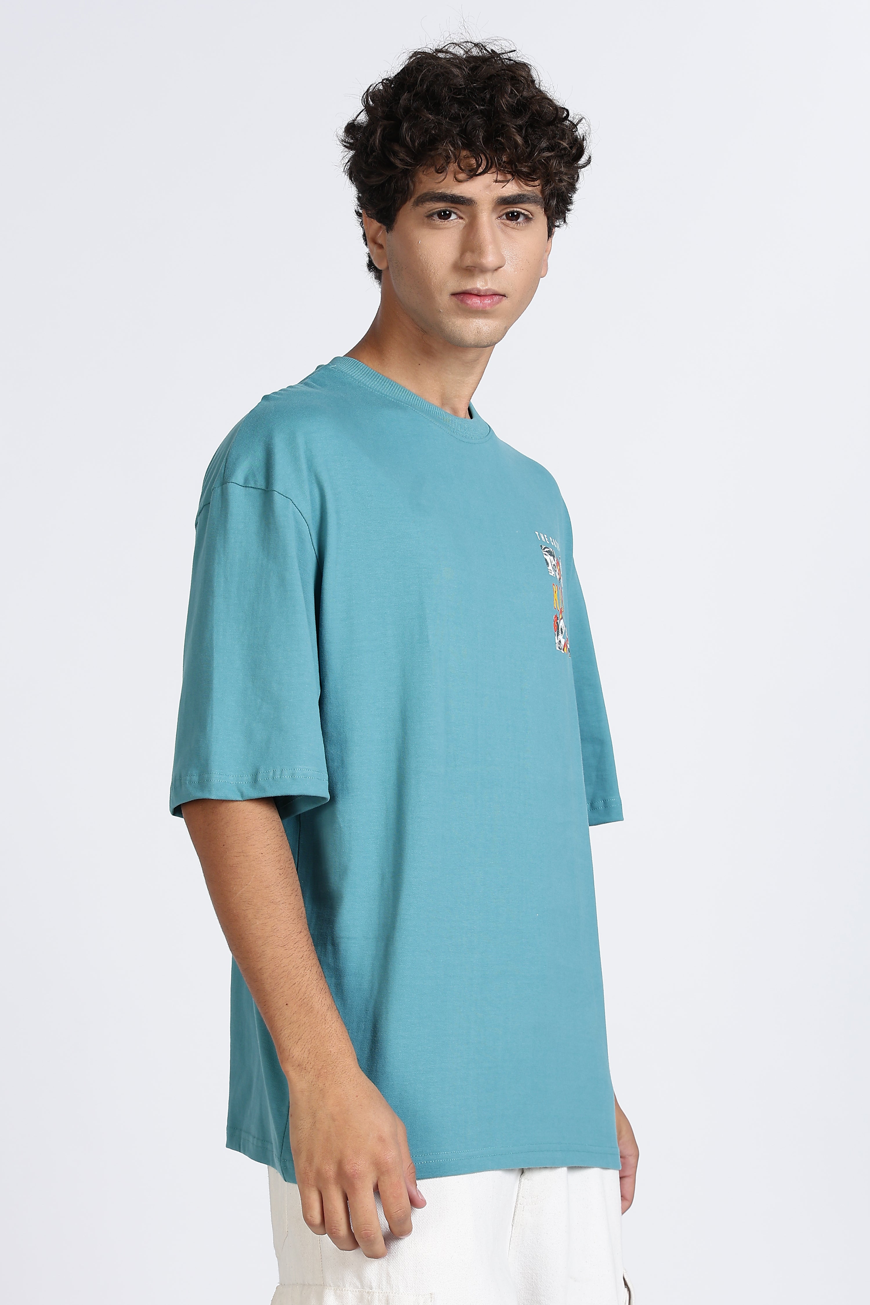 Color Hunt Cyan Oversize Printed Half Sleeve Pure Cotton T-Shirt