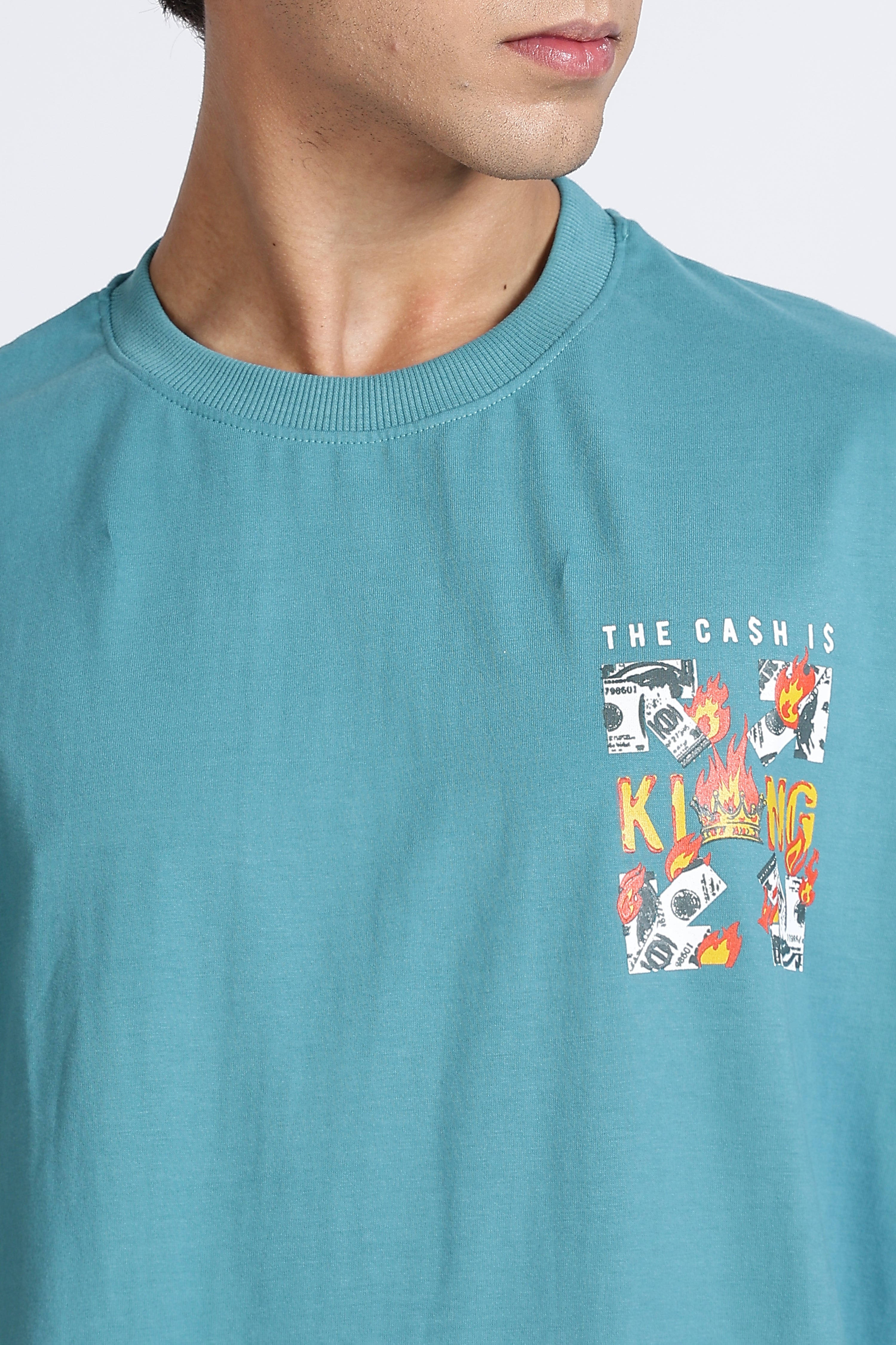 Color Hunt Cyan Oversize Printed Half Sleeve Pure Cotton T-Shirt
