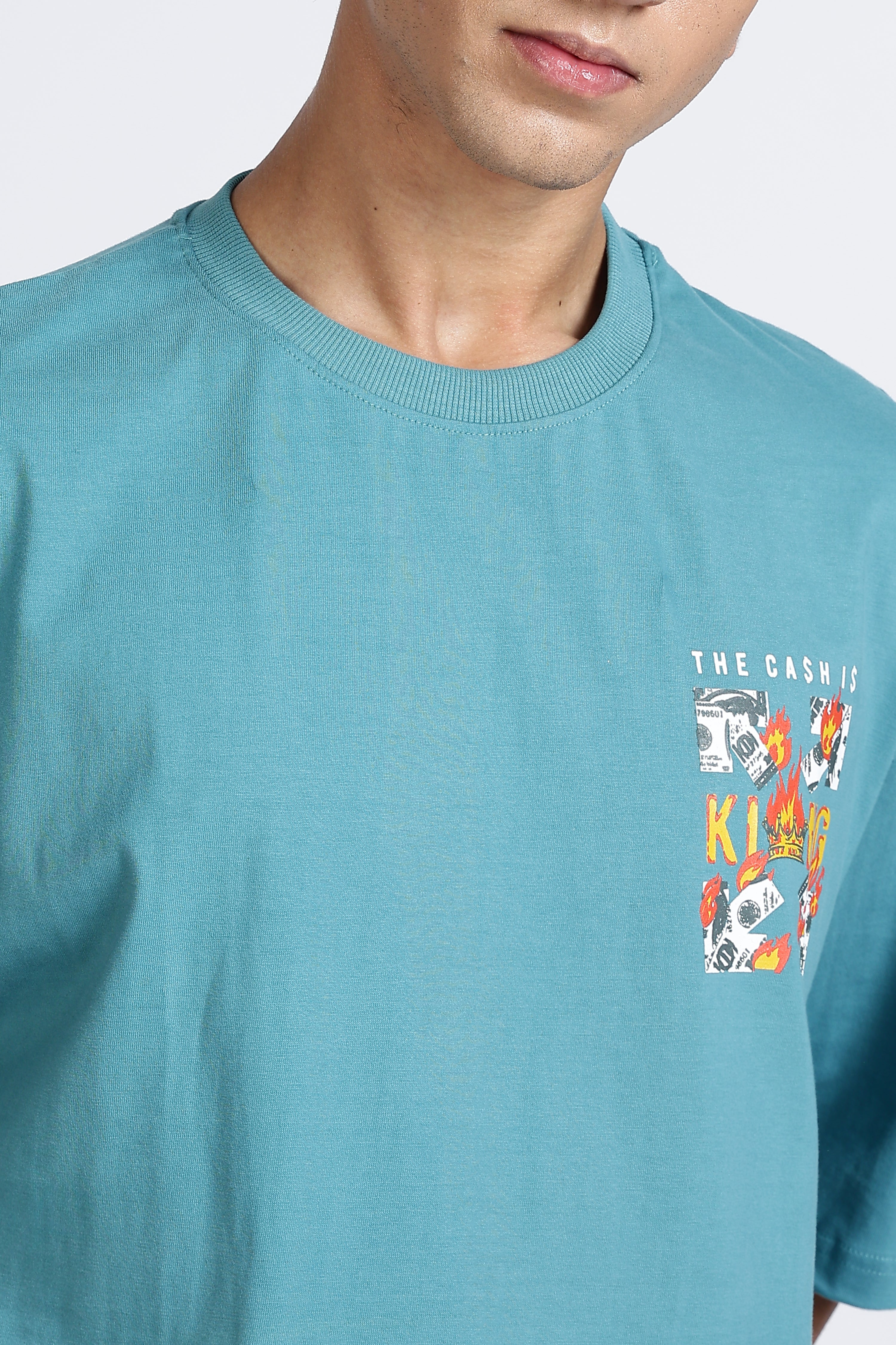 Color Hunt Cyan Oversize Printed Half Sleeve Pure Cotton T-Shirt