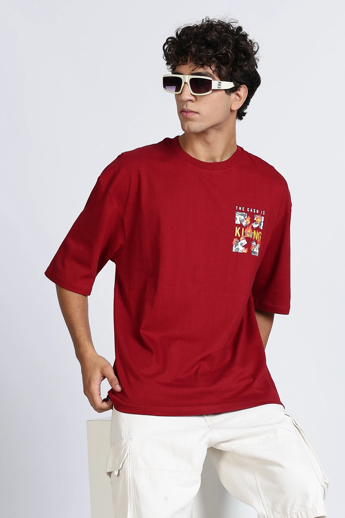 Maroon Oversized Printed Half Sleeve T-Shirt for Men - Color Hunt