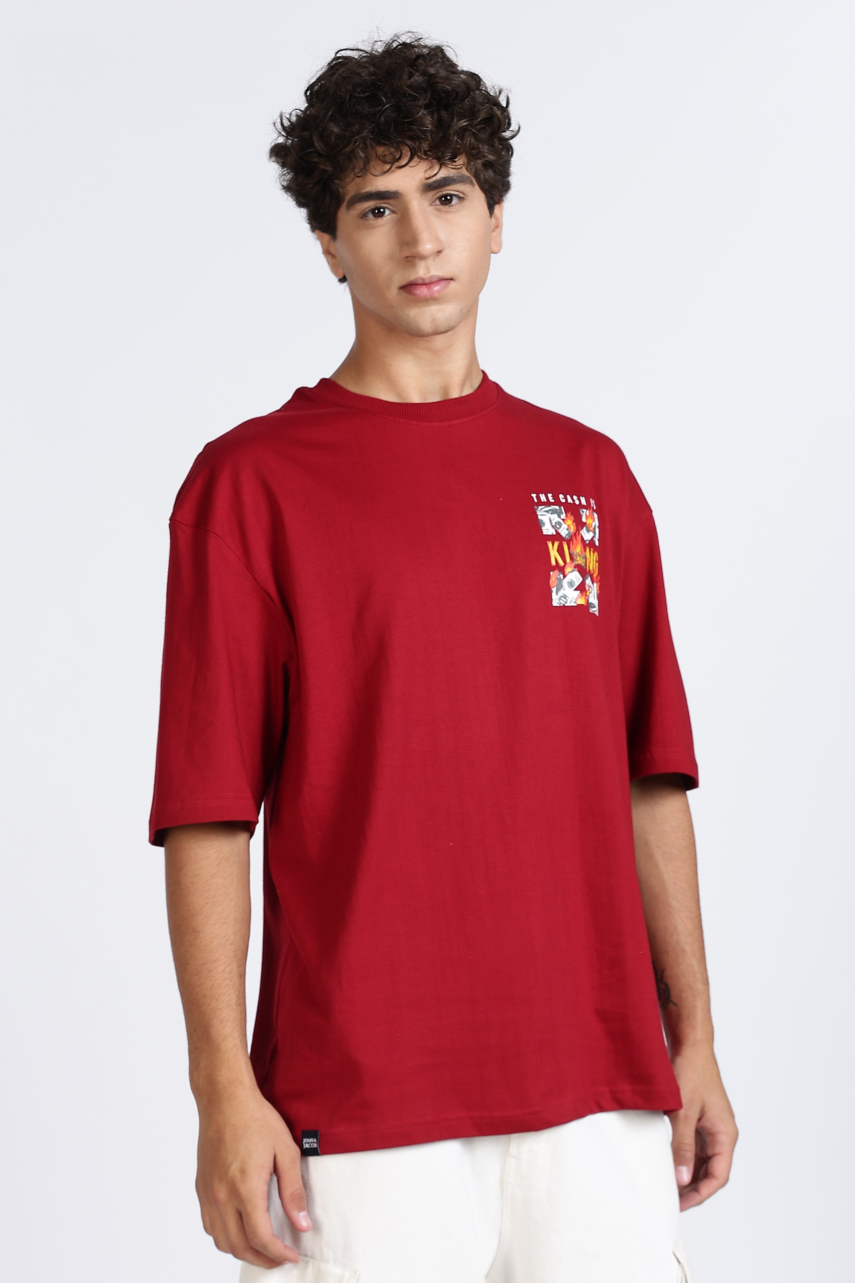 Color Hunt Men's Maroon Printed Oversize Half Sleeve T-Shirt
