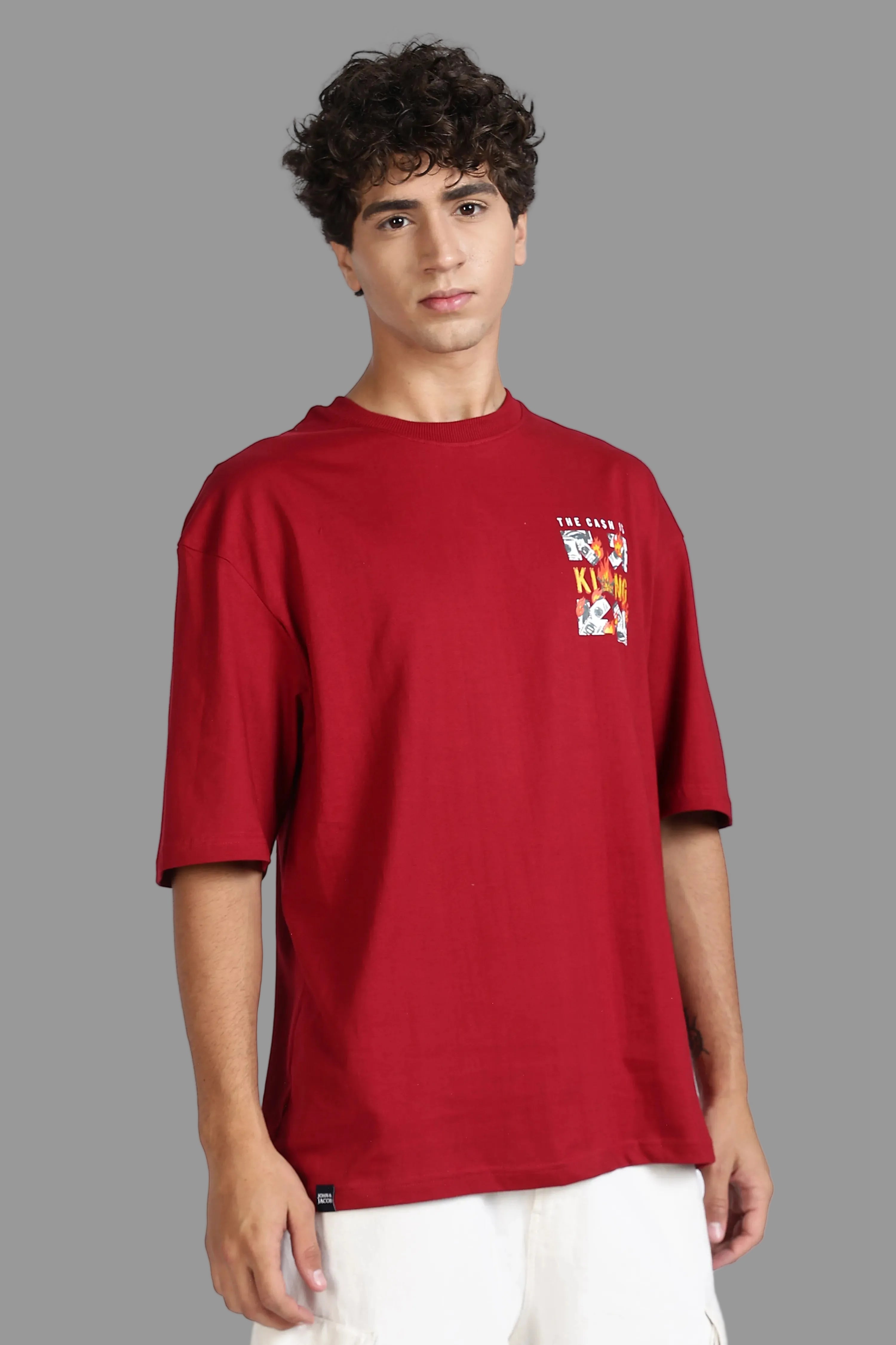 Color Hunt Men's Maroon Printed Oversize Half Sleeve T-Shirt