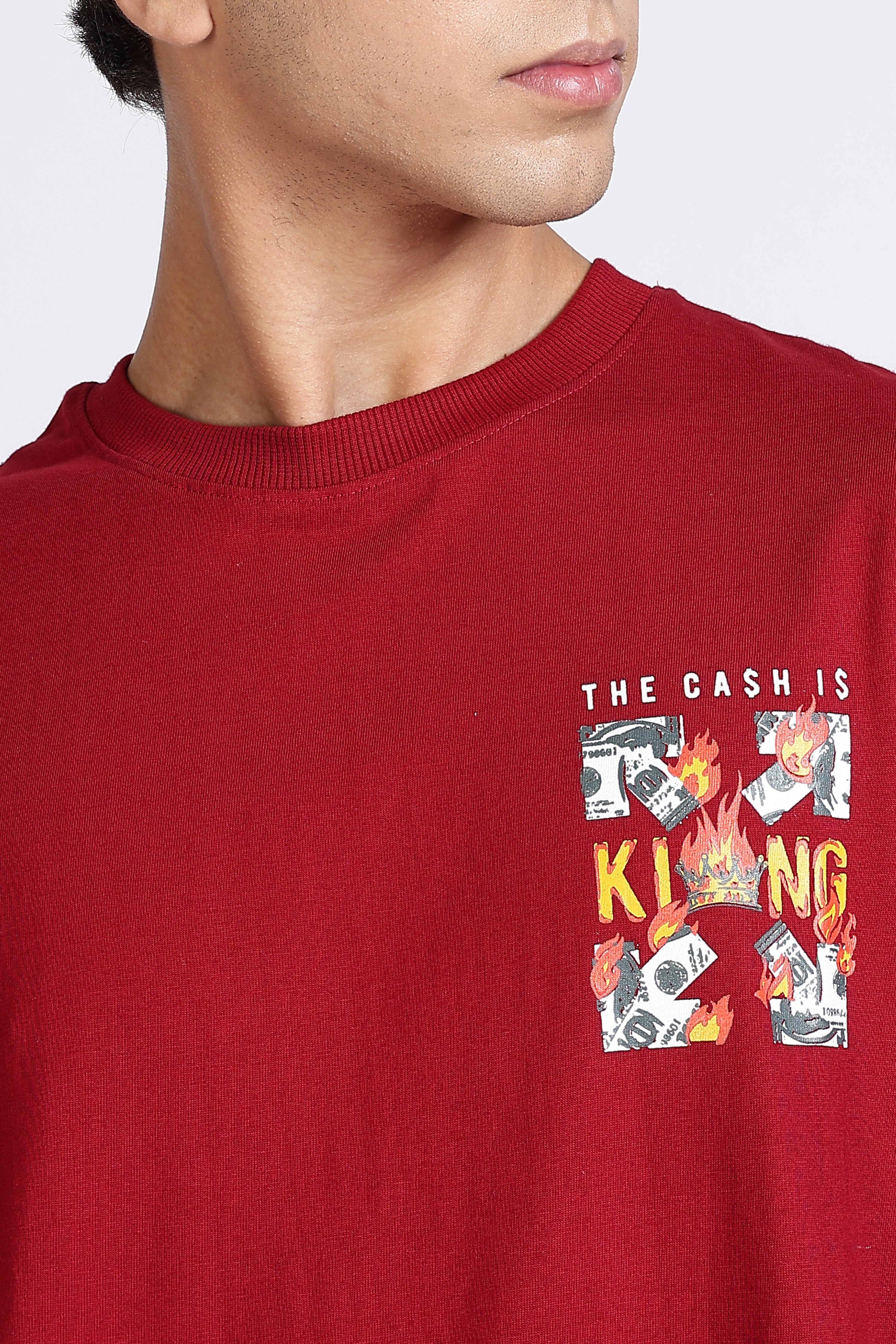 Color Hunt Men's Maroon Printed Oversize Half Sleeve T-Shirt