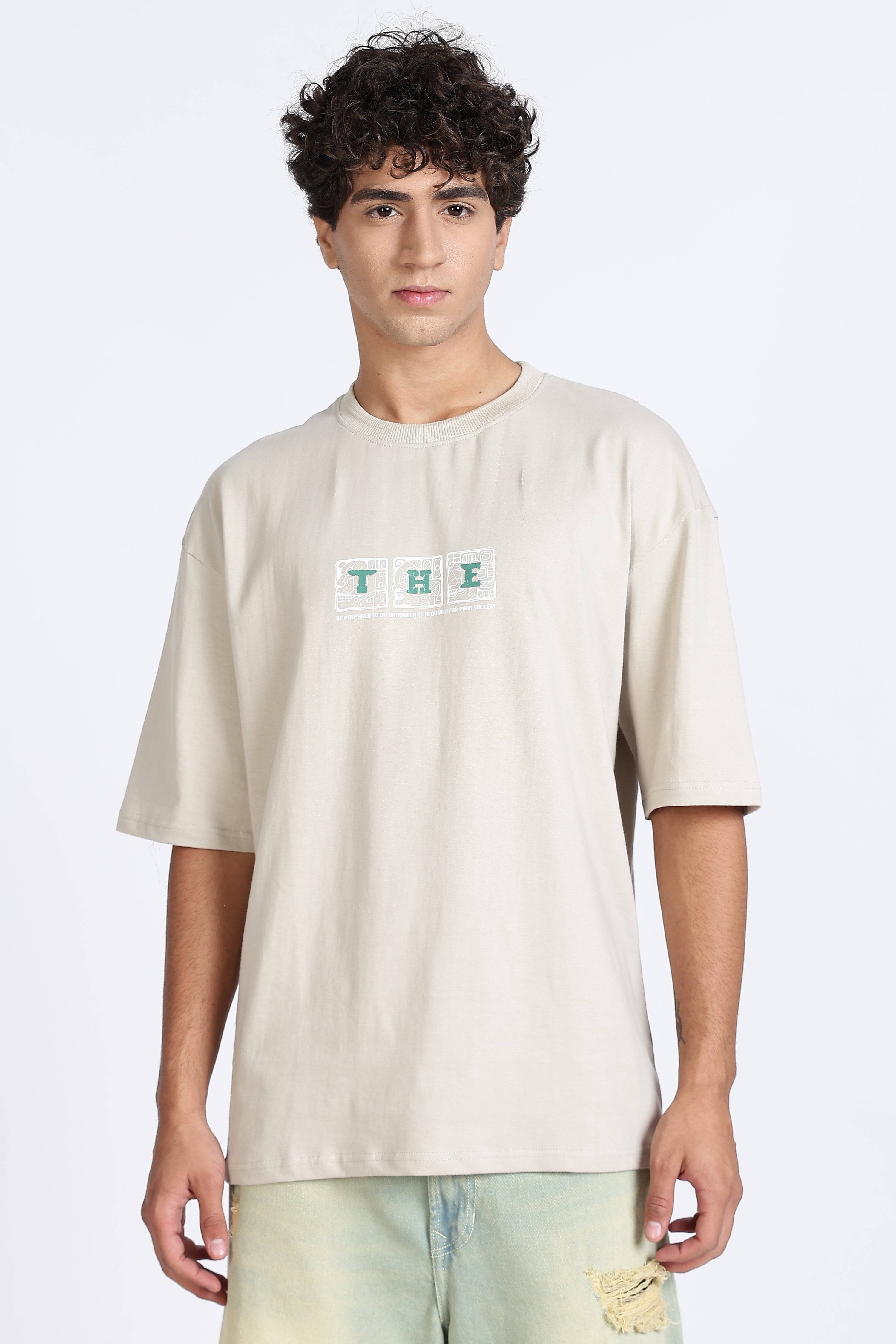 Color Hunt Men's Cream Oversize Half Sleeve Pure Cotton T-Shirt