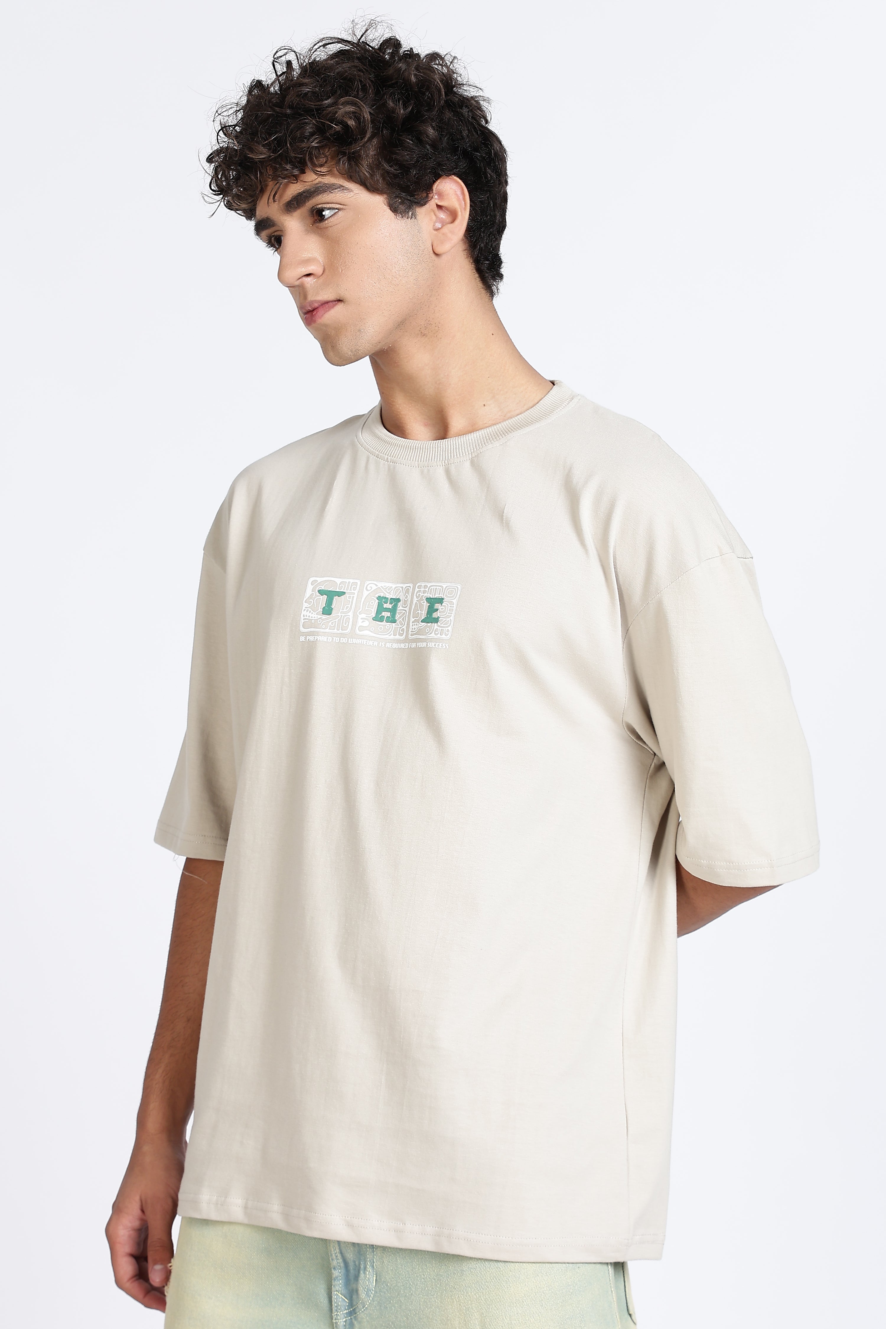 Color Hunt Men's Cream Oversize Half Sleeve Pure Cotton T-Shirt