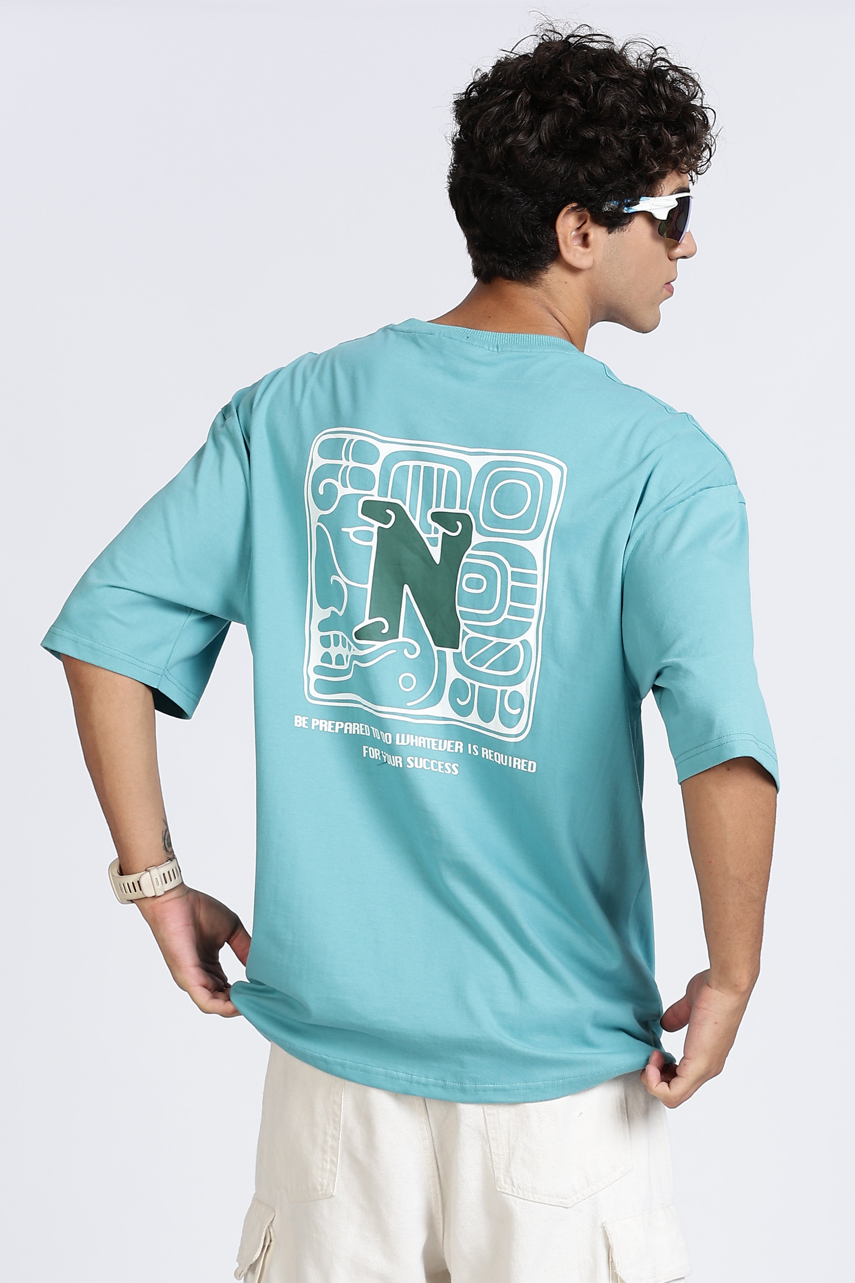 Color Hunt Men's Sky Blue Oversize Pure Cotton Printed T-Shirt