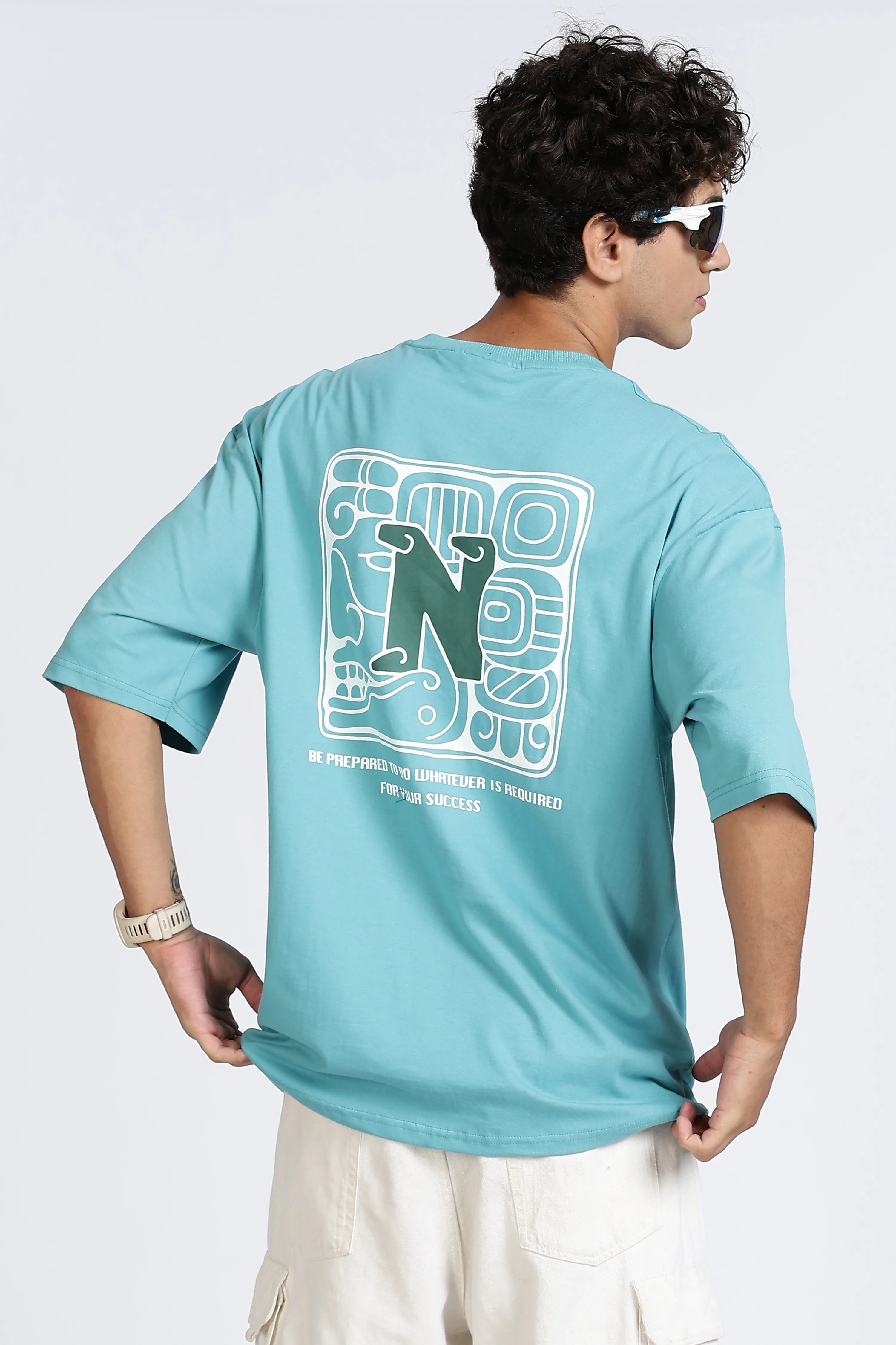 Color Hunt Men's Sky Blue Oversized Pure Cotton Printed T-Shirt